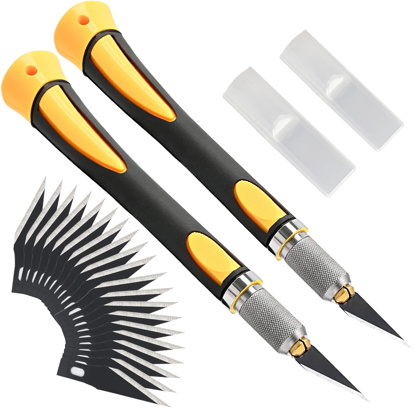 FOSHIO 2 Pack Precision Craft Knife Set with 20 Replacement Blades - Ergonomic Non-Slip Handle & Protective Cover - Ideal for Art, Crafting, Scrapbooking, Stencil Cutting & DIY Projects (Yellow)