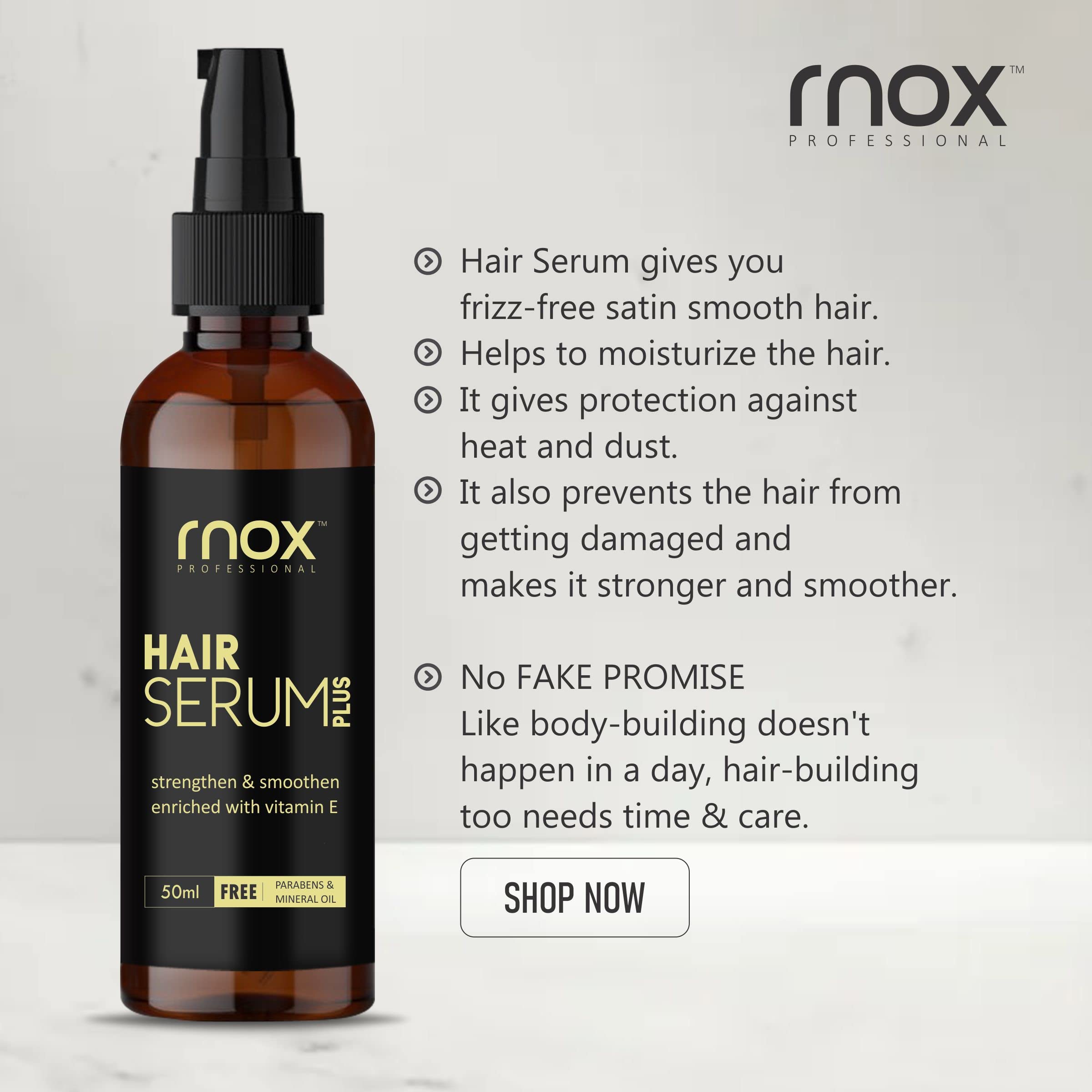 Rnox Hair Serum for Stronger, Smoother Hair - Vitamin E & Hyaluronic Acid Treatment for Frizz Control & Shine | Hair Softening Serum for Daily Use at Home, Salon or Travel