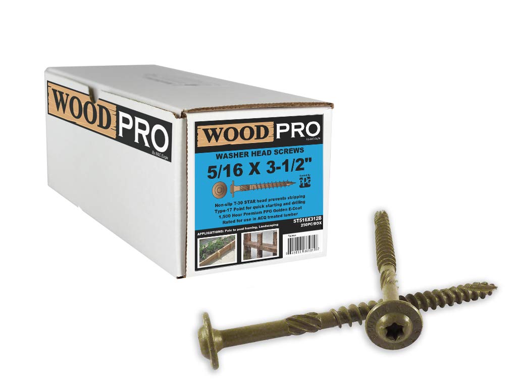 ST516X312B 5/16-Inch x 3-1/2-Inch Exterior Wood Screws with Round Washer Head - 250-Pack Gold Zinc Coated - Perfect for Decking, Fencing & Outdoor Wood Projects