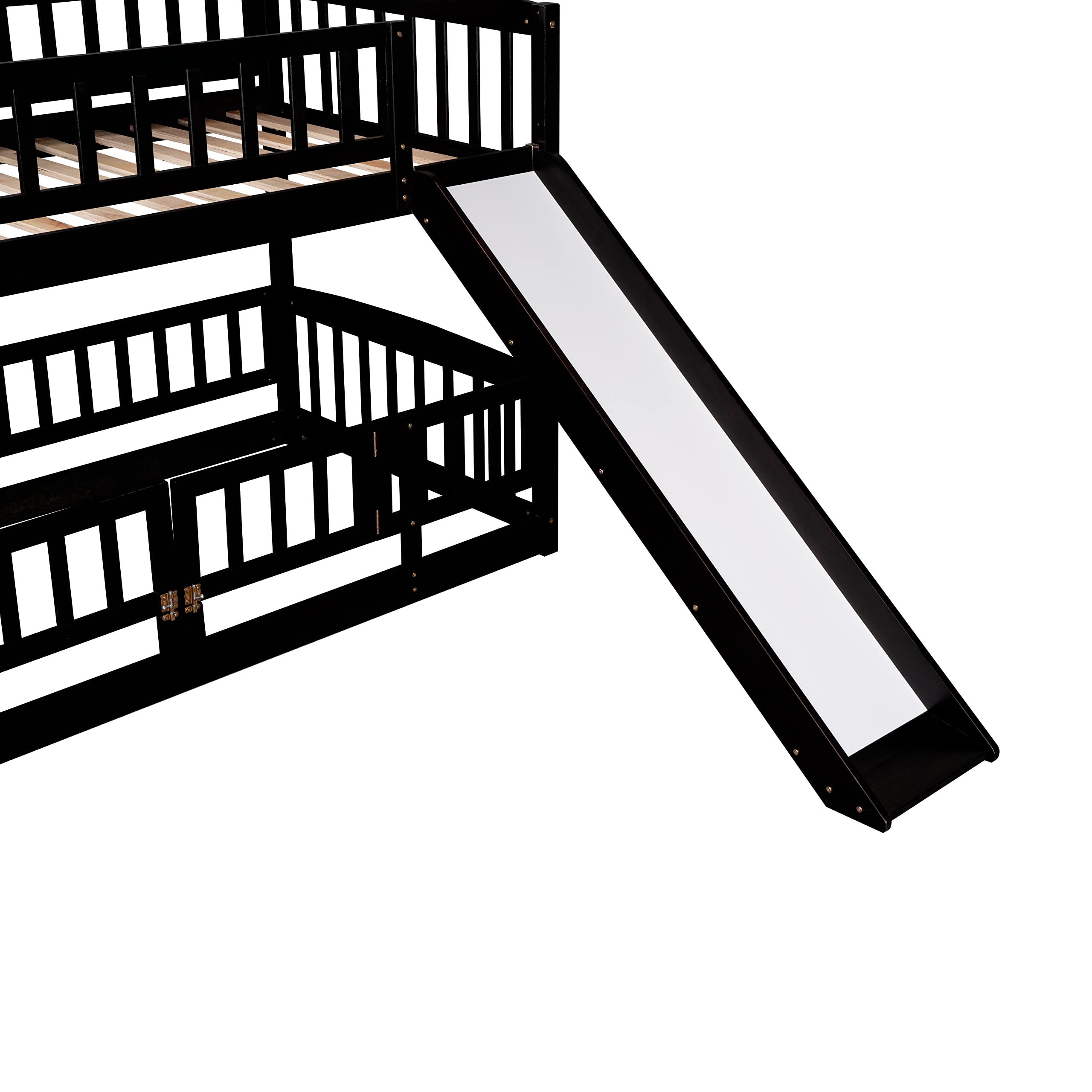 SOFTSEA Twin Over Twin Bunk Bed with Convertible Slide & Ladder - Kids Wood Bunk Bed Frame with Safety Guardrails, Low Profile Floor Bunk Bed with Fence & Door in Espresso - Perfect for Small Bedrooms, Kids' Rooms & Sleepovers