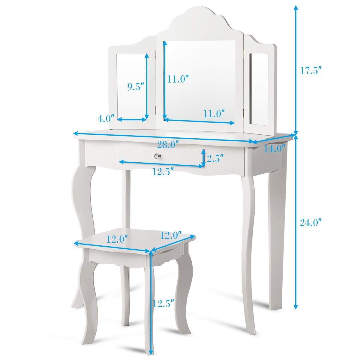 HOMGX White Wooden Kids Vanity Table Set with 180° Tri-Folding Mirror & Stool - Princess Makeup Dressing Table with Pull-Out Drawer for Little Girls | Perfect for Bedroom, Birthday Gifts & Pretend Play