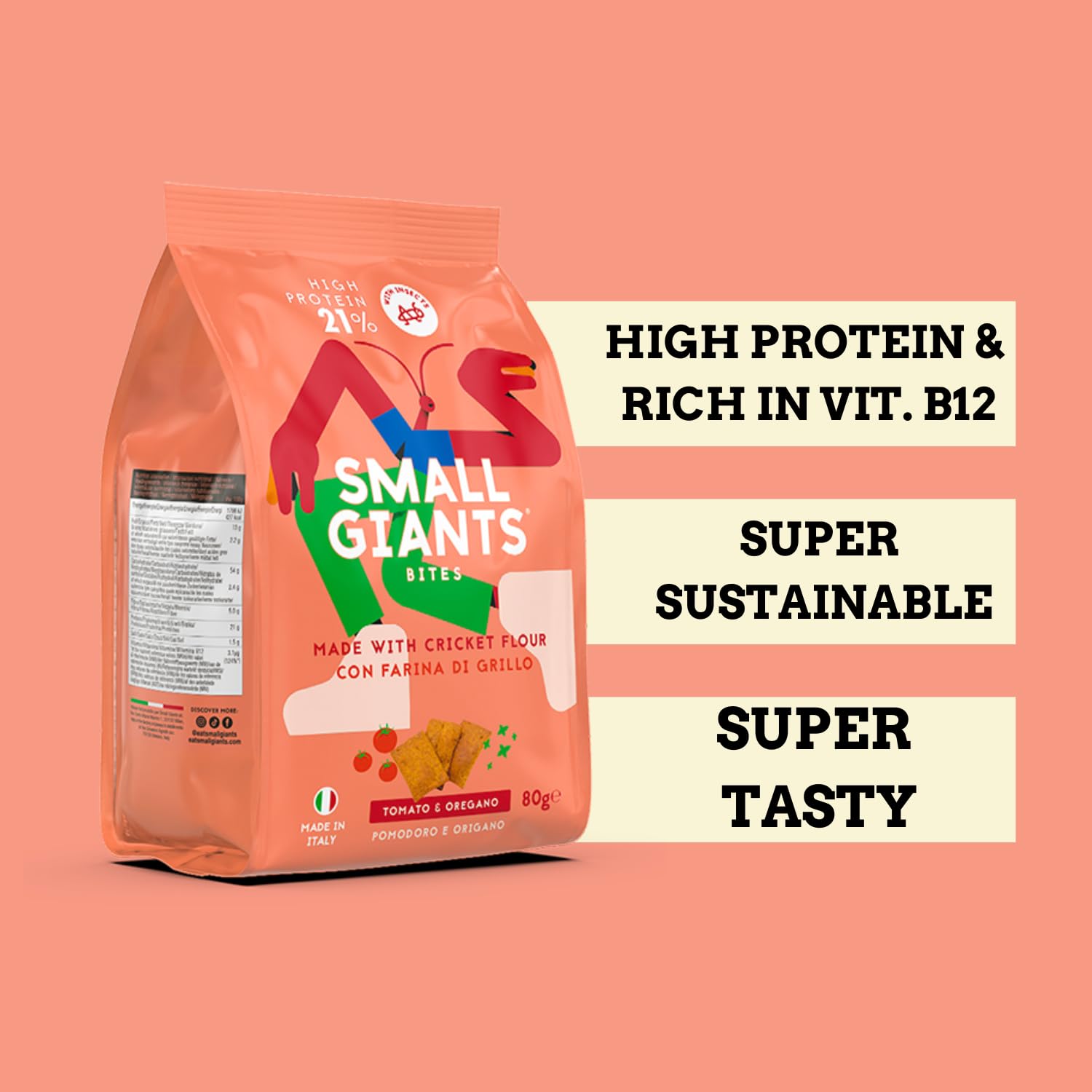 SMALL GIANTS® | Crackers Proteici con Farina di Grillo - Pomodoro & Origano | High Protein, Vit.B12, Omega3, Proteine Sostenibili, Senza Zuccheri Aggiunti | Snack Sano per Fitness e Dieta