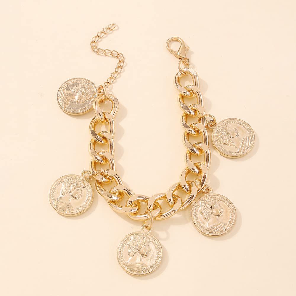 Chunky Chain Bracelet for Women - Punk Cuban Curb Link Bracelet with Golden Coin Charm | Stylish Statement Jewelry for Casual Outfits, Parties & Everyday Wear