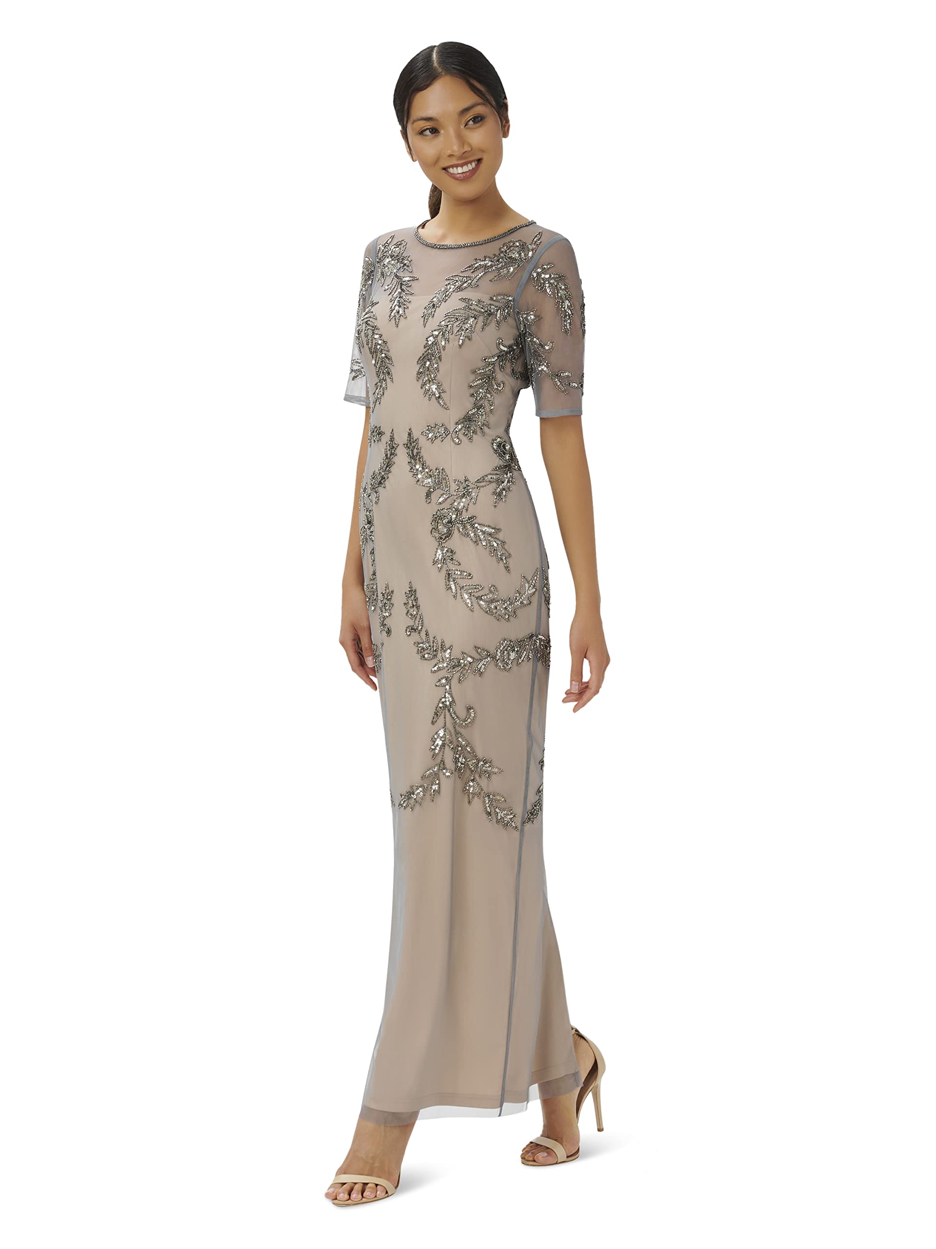 Adrianna Papell Women's Plus Size Beaded Evening Gown with Elbow Sleeves - Perfect for Prom, Black Tie Events & Formal Occasions