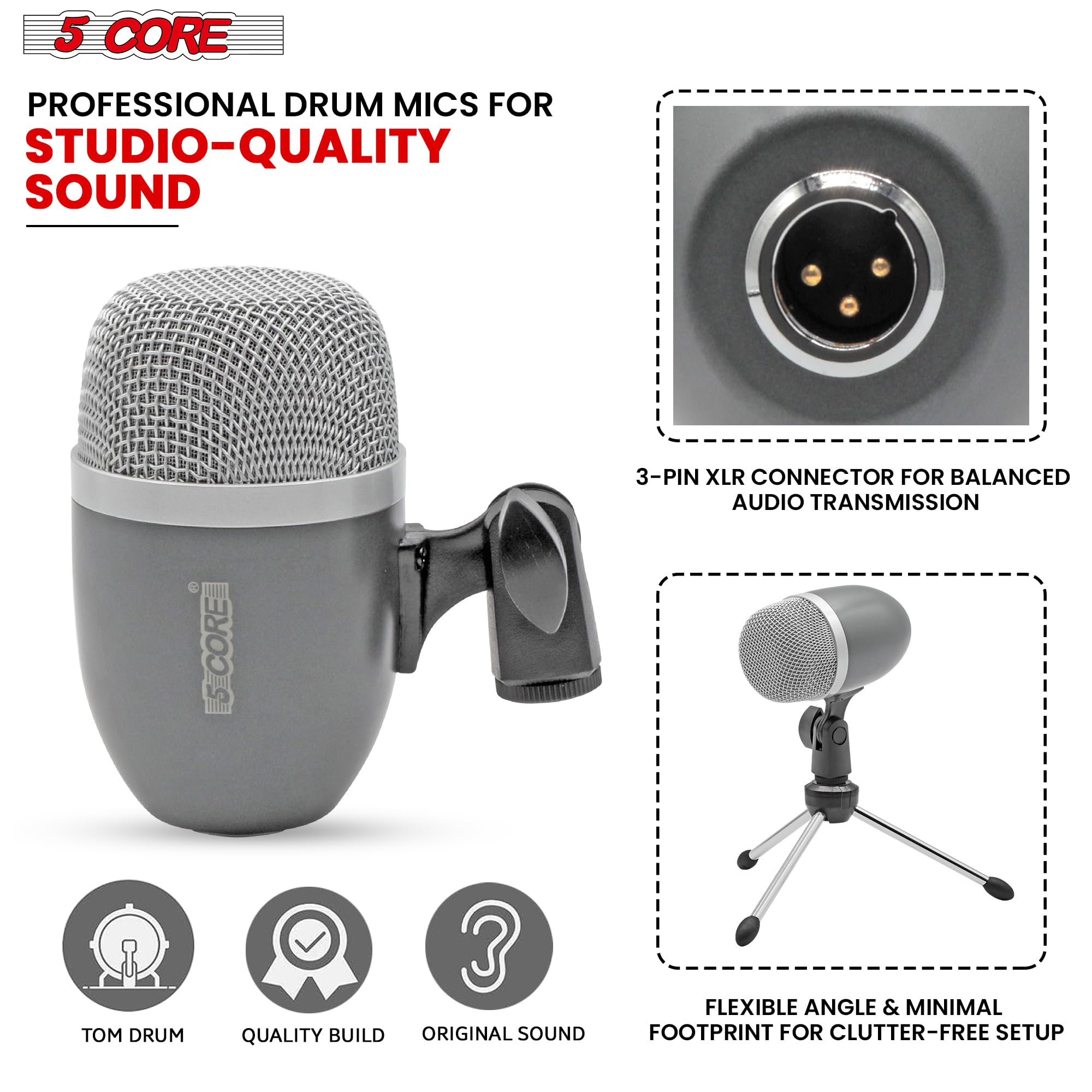 5 CORE Drum Microphone - High Sensitivity Snare & Tom Instrument Mic with Dynamic Moving Coil, Uni-Directional Pickup, Swivel Mount & Durable Steel Mesh Grille - Perfect for Live Performances, Studio Recording & Drum Kits (Grey)