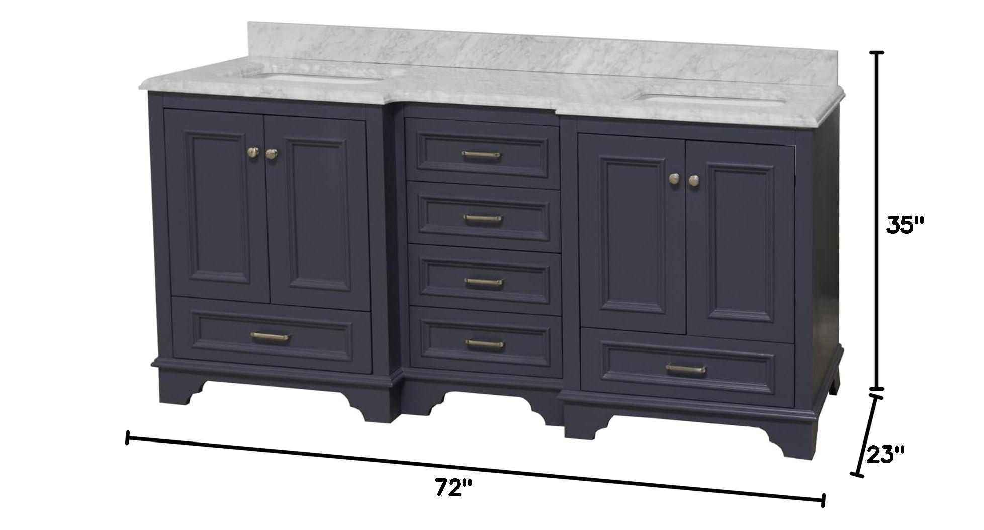 Nantucket 72-inch Double Bathroom Vanity in Marine Gray with Carrara Marble Top – Includes White Ceramic Sinks for Modern Bathroom | Perfect for Master Bath, Guest Bath & Home Renovation