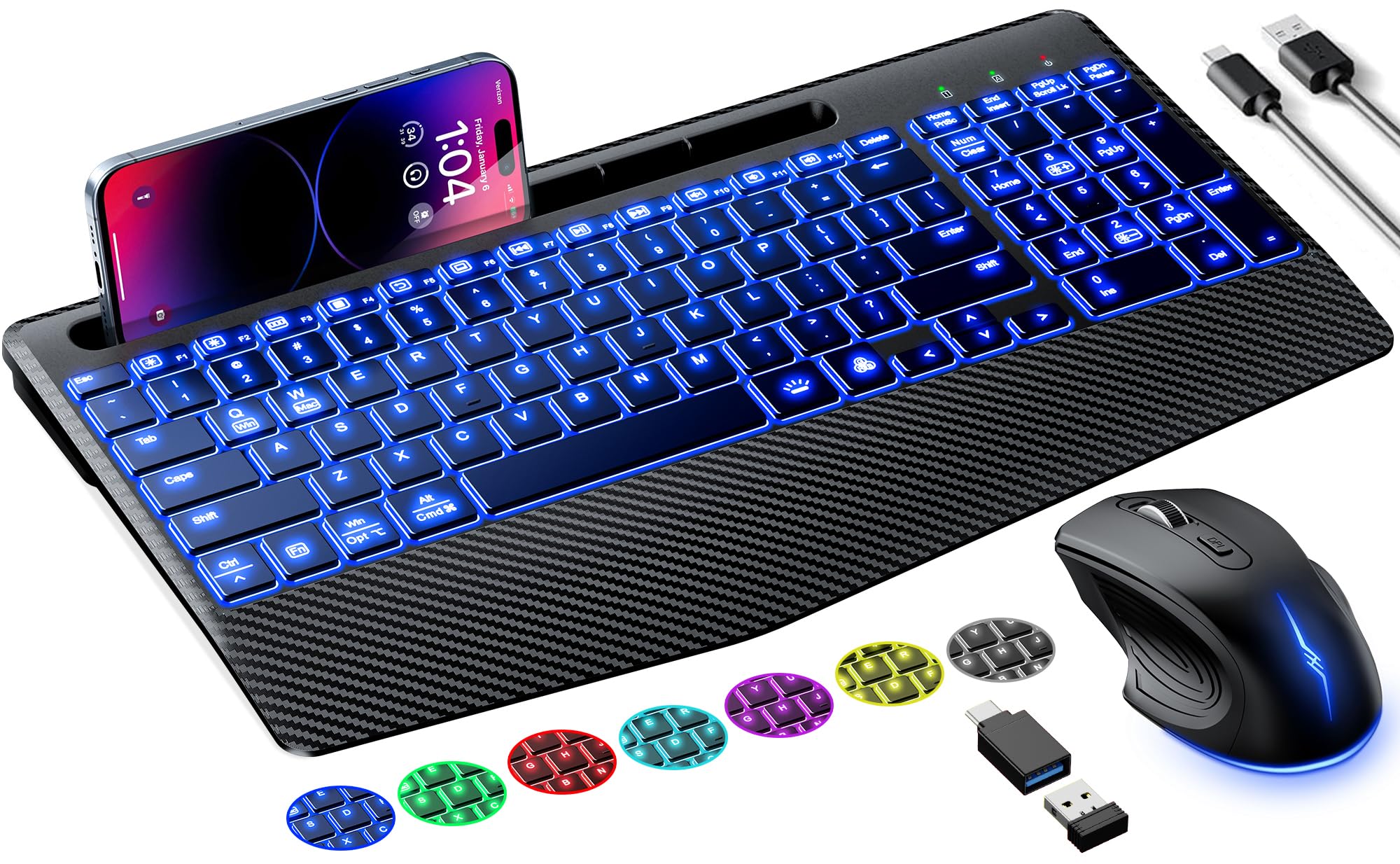 Ergonomic Wireless Keyboard and Mouse Combo with RGB Backlit, Rechargeable & Quiet Design - Includes Phone Holder & Wrist Rest for Mac, Windows, PC, Laptop | Perfect for Office, Gaming & Home Use