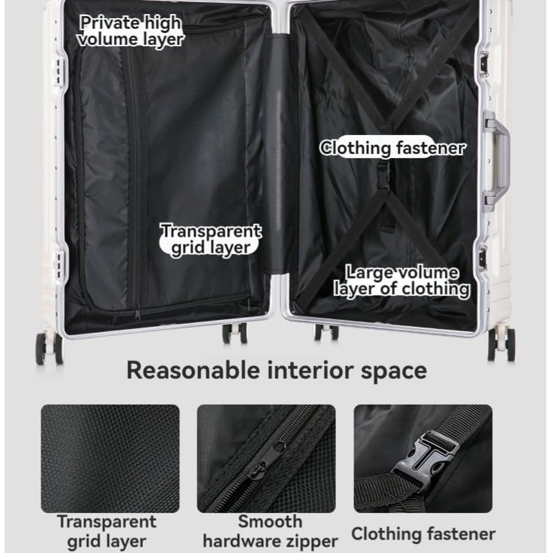 Premium 20-Inch Aluminum Frame Hardside Carry-On Luggage with Spinner Wheels, TSA Locks & Built-In Cup Holder - Zipperless Design & Organizer Bags Included (White) - Perfect for Business Travel, Weekend Getaways & Airplane Cabin Use