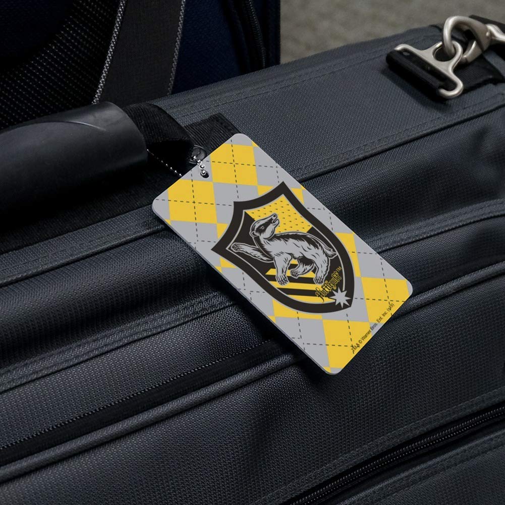 Harry Potter Hufflepuff Plaid Sigil Luggage Tag - Waterproof Suitcase ID Card Holder for Travel & Carry-On Bags - Perfect for Hogwarts Fans & Airplane Luggage Identification