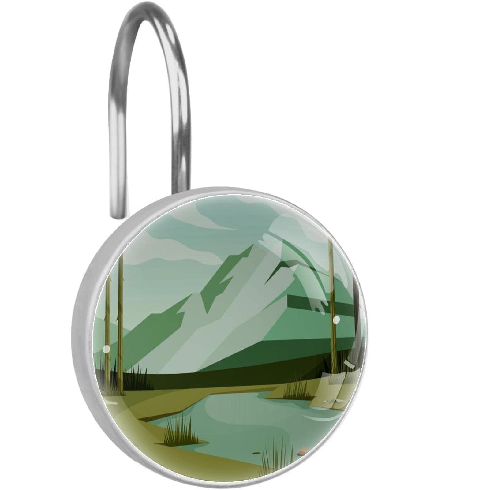 12 Pack Beautiful Landscape Shower Curtain Hooks - Metal Glide Rings for Bathroom Decor & Easy Curtain Movement | Perfect for Home, Apartment, and Vacation Rental Bathrooms