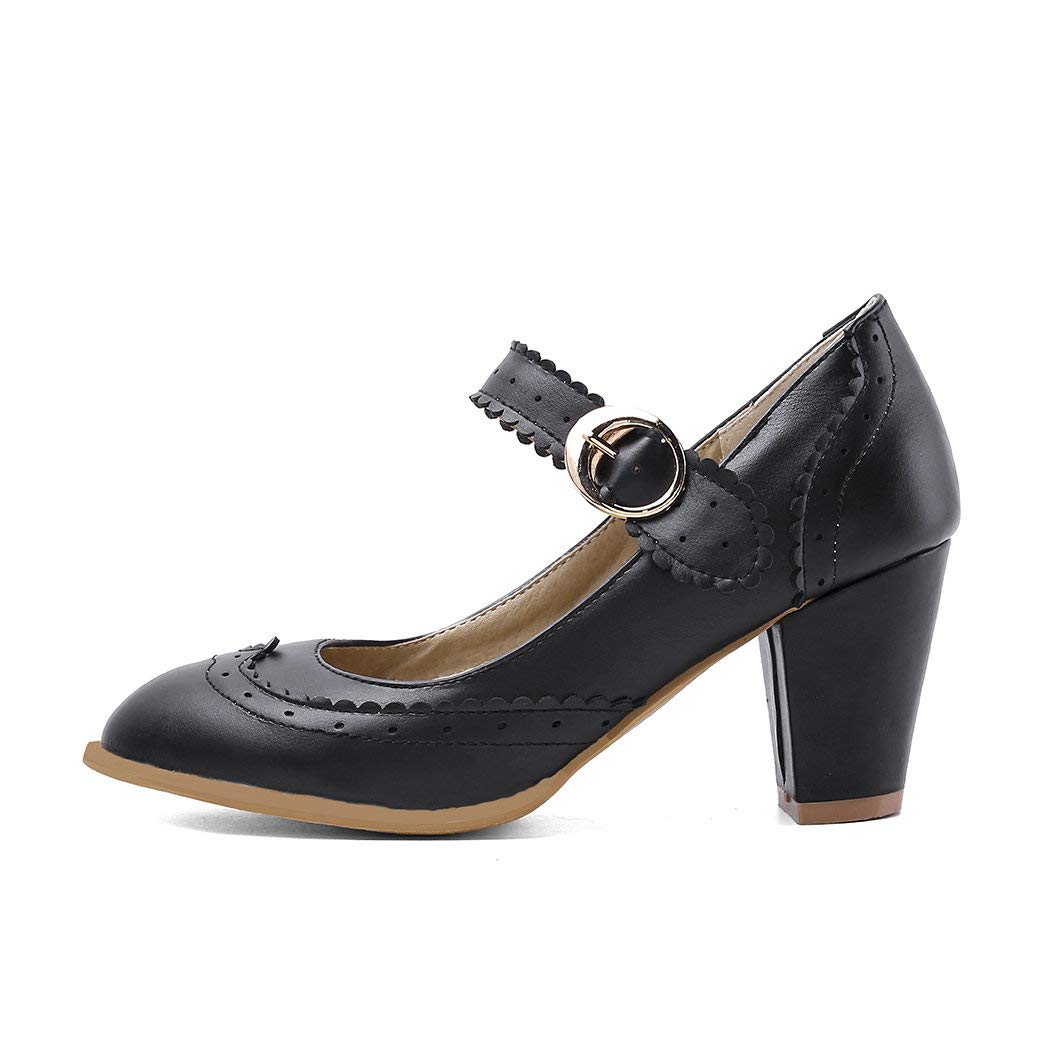 Vintage Women's Rockabilly Mary Jane Block Heel Pumps - Wingtip Closed Toe Dress Shoes for Retro Parties, Swing Dancing & 1950s Fashion Outfits