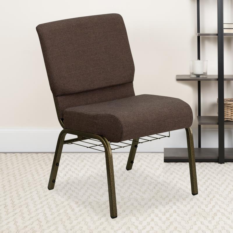 FLASH HERCULES Series 21''W Church Chair with Book Rack - Beige Fabric & Copper Vein Frame - Perfect for Churches, Chapels, and Event Venues