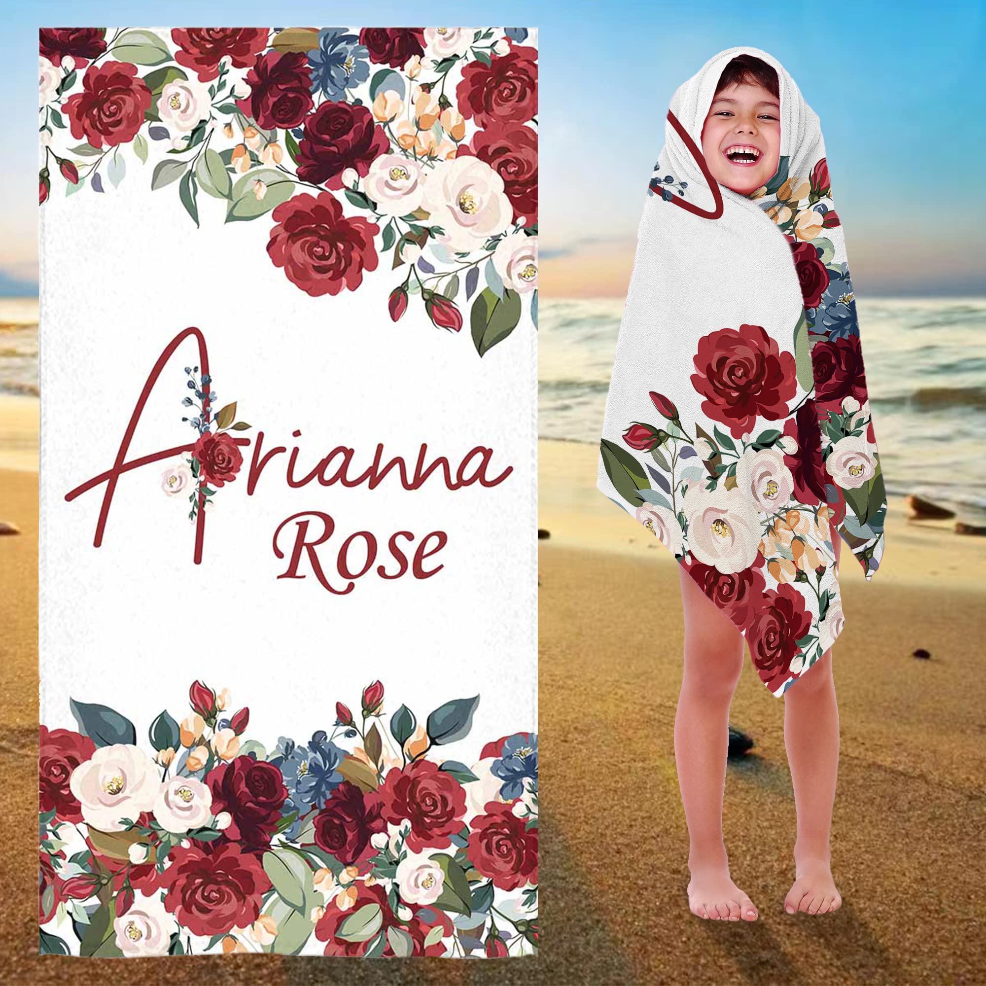 Personalized Baby Girl Beach Towel with Name - Custom Kids Bath Towel, Initials & Red Rose Design - Soft Cotton Travel & Pool Towel for Toddlers - Perfect Birthday Gift for Summer, Swimming & Beach Vacations