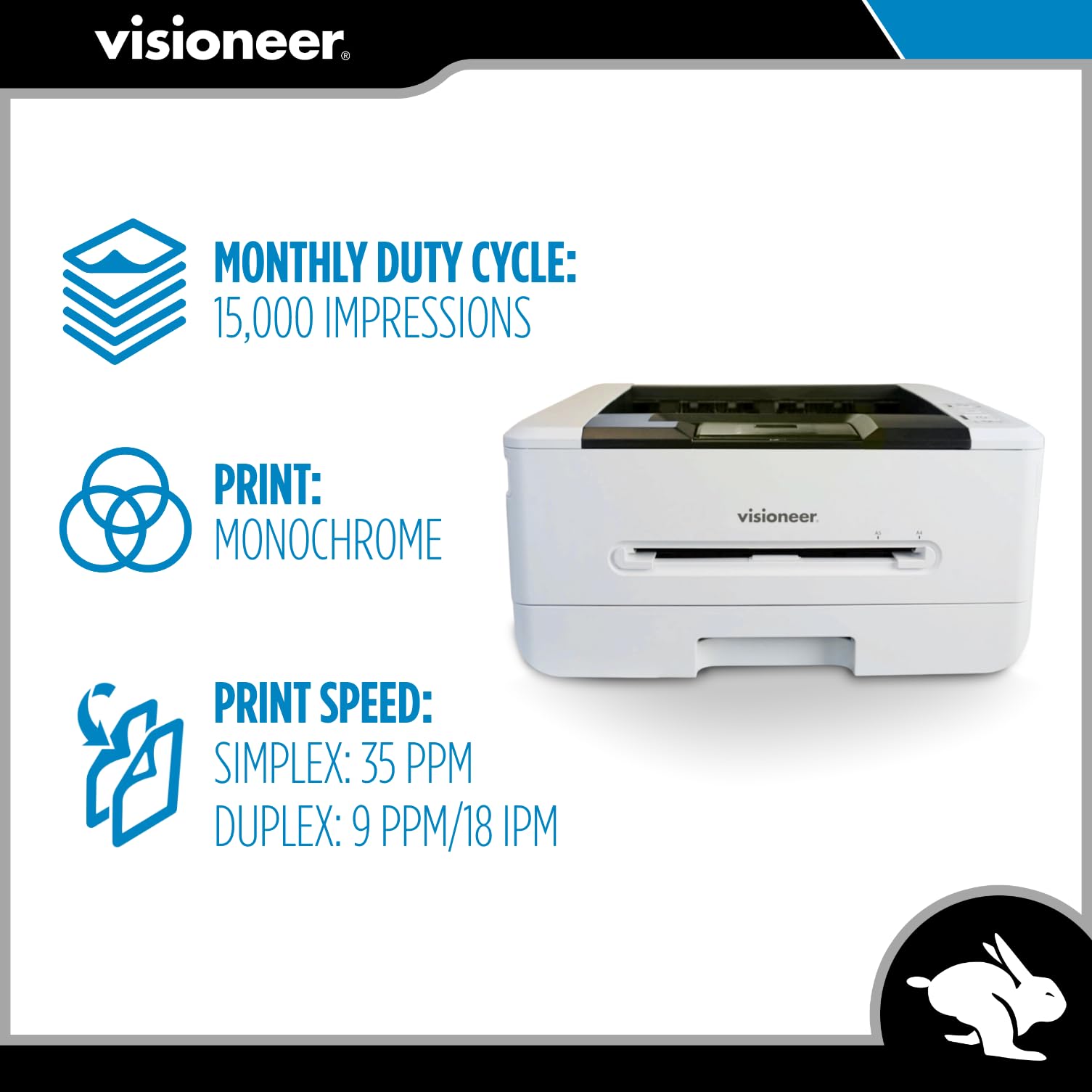 Visioneer Rabbit P35dn Monochrome Laser Printer - 35 PPM High-Speed USB Office Printer for PC with 250-Sheet Paper Capacity & Mobile Printing (White) | Perfect for Home Office, Small Business & Document Printing