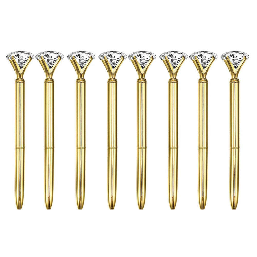 Goclothod 8-Pack Luxury Ballpoint Pens with Big Diamond Crystal & Gold Metal Design - Smooth Black Ink Writing Pens for Office, School, Gift Giving & Professional Use