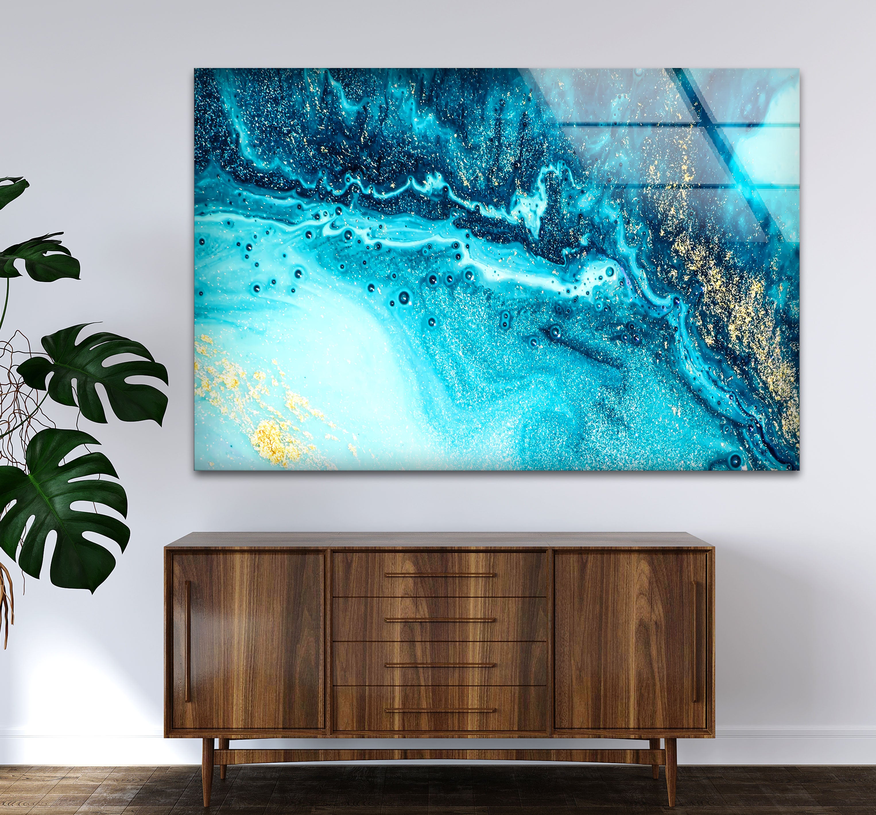 Blue and Gold Abstract Wall Art - Ocean Inspired Glass Print Design for Living Room, Bedroom & Office Decor | Modern Coastal Home Decor