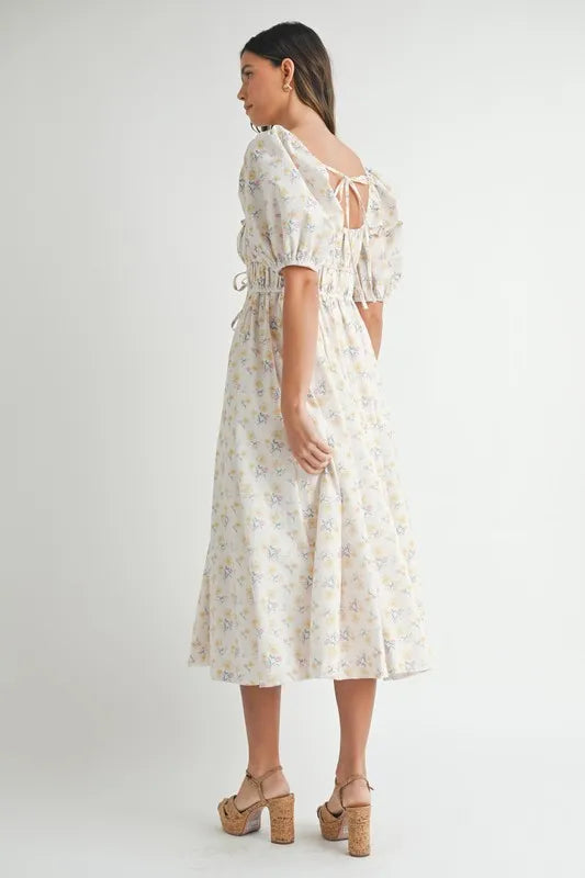 Floral Puff Sleeve Midi Summer Dress for Women - Boho Flowy Beach Dress with Ruffle Hem, Perfect for Vacation, Wedding Guest & Outdoor Parties