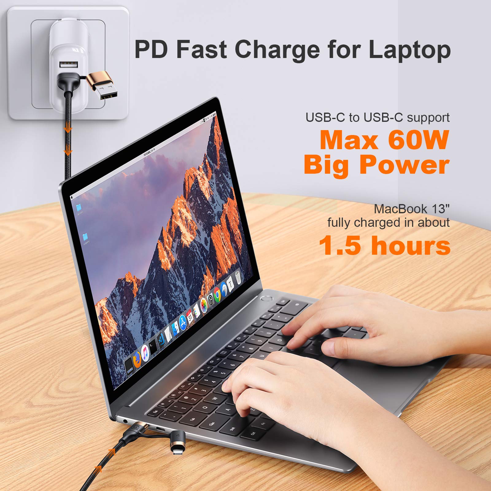 60W USB C Fast Charging Cable - 4-in-1 Nylon Braided PD 3A Charger Cord | Compatible with Laptop, Tablet & Phone | Perfect for Travel, Office & Home Charging