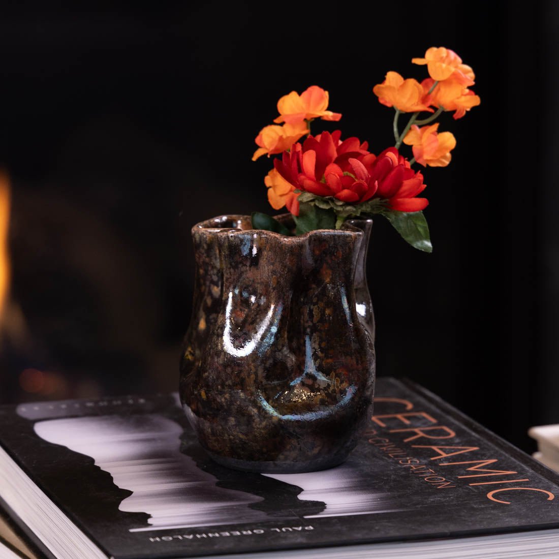 Handmade Medium Small RAKU Pot #11 - Spotted Coppers & Dark Glaze | Unique Ceramic Vase for Home Decor, Wedding Centerpiece & Art Collection