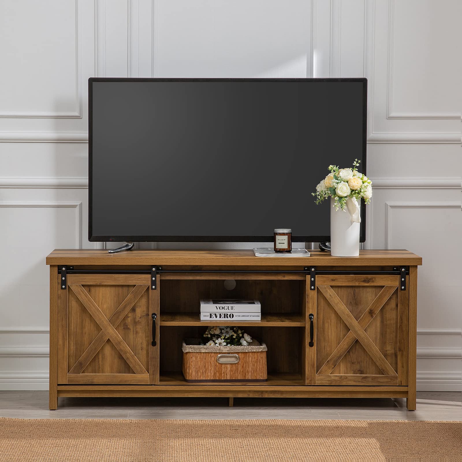 Modern Farmhouse TV Stand with Sliding Barn Doors - 65 Inch Rustic Media Console with 2-Tier Storage Cabinets - Entertainment Center for Living Room & Bedroom - Perfect for Farmhouse Decor & Cozy Home Theater Setup (Brown)