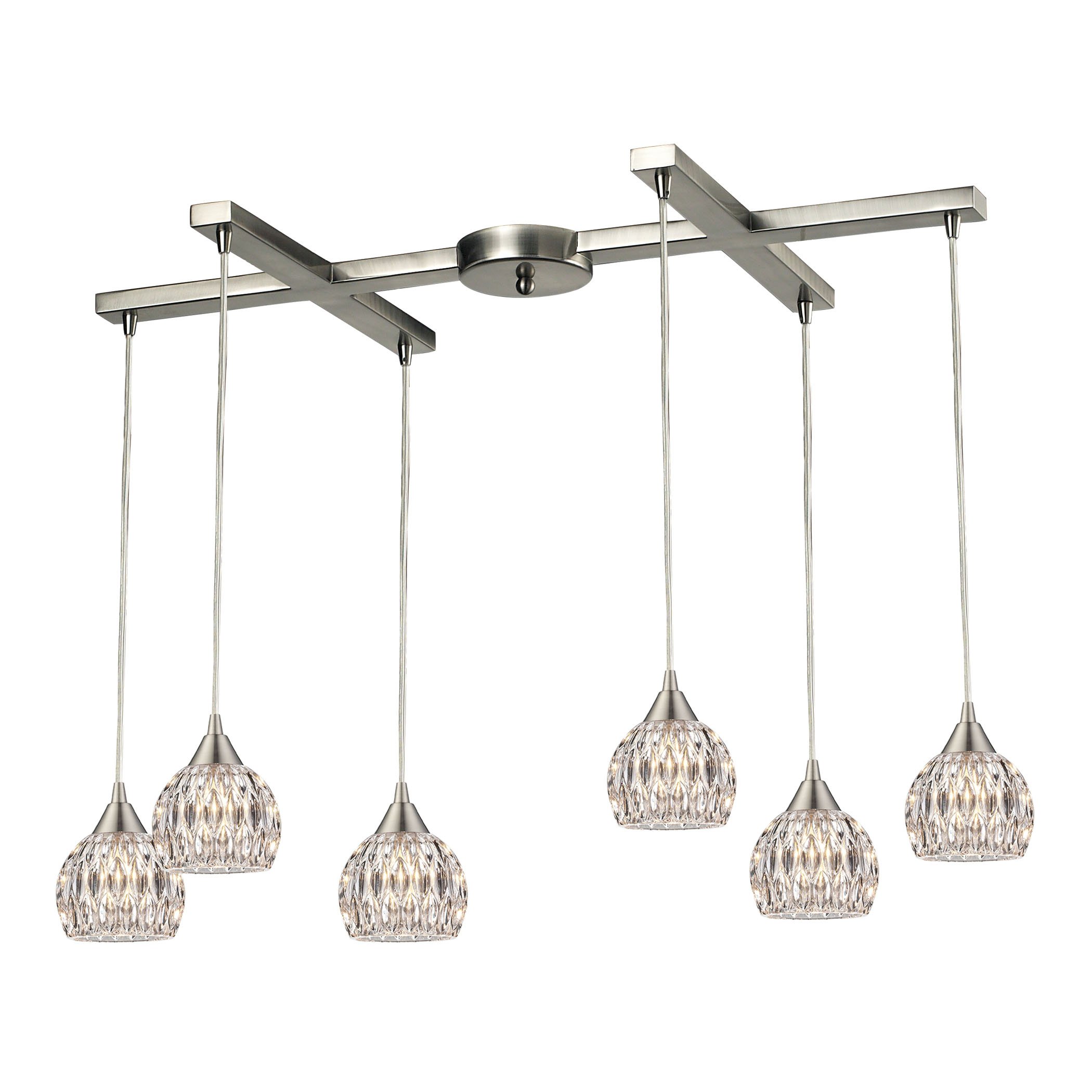 Kersey 6-Light H-Bar Crystal Chandelier in Satin Nickel - Modern Dining Room Pendant Light Fixture for Kitchen Island & Entryway Lighting