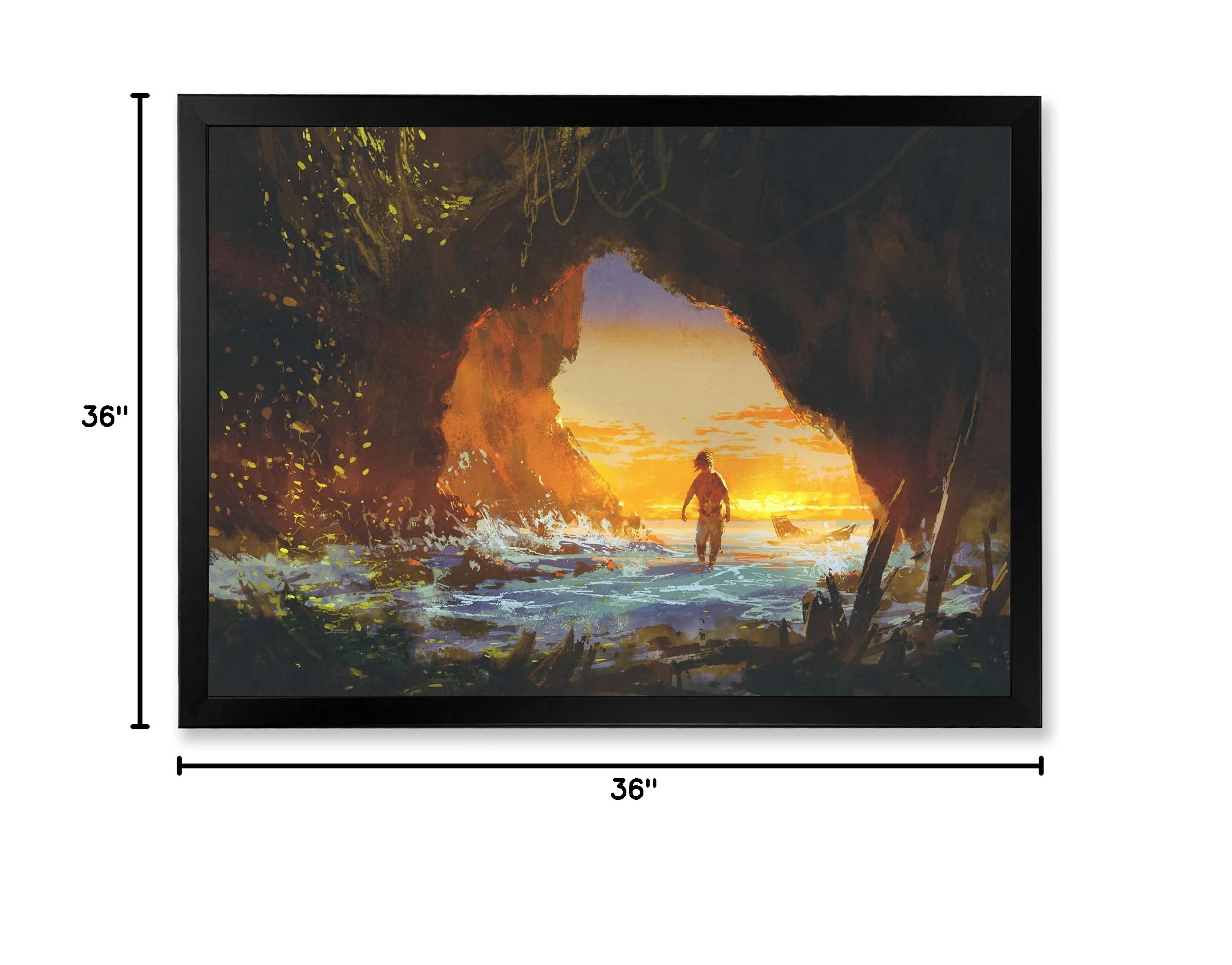 DesignQ Framed Wall Art - Sunset Sea Cave Walking Man Coastal Decor for Living Room, Bedroom & Office | Nautical Theme Home Decor