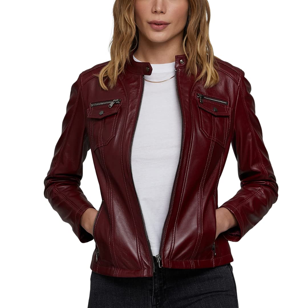 Stylish Burgundy Leather Jacket for Women - Vintage Faux Leather Motorcycle Jacket with Zipper | Perfect for Casual Outfits, Biker Looks & Fall Fashion