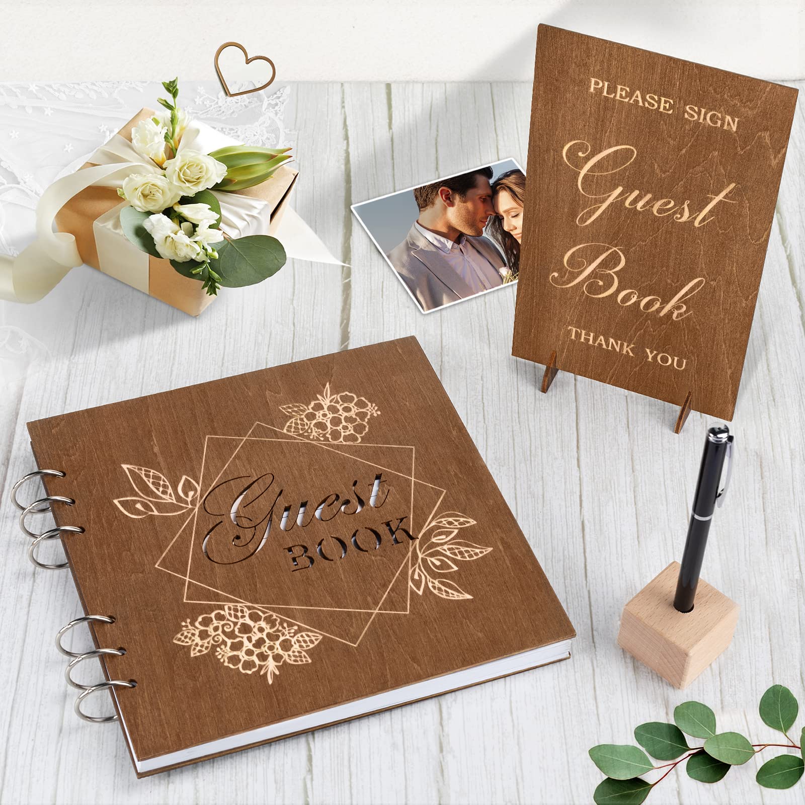 Premium Creawoo Wooden Wedding Guest Book Set - Hardcover Memory Album with 90 White Pages, Table Sign, Pen & Holder - Perfect for Weddings, Baby Showers, Birthdays & Bridal Showers - Elegant Guest Registry for Reception, Anniversary & Special Events