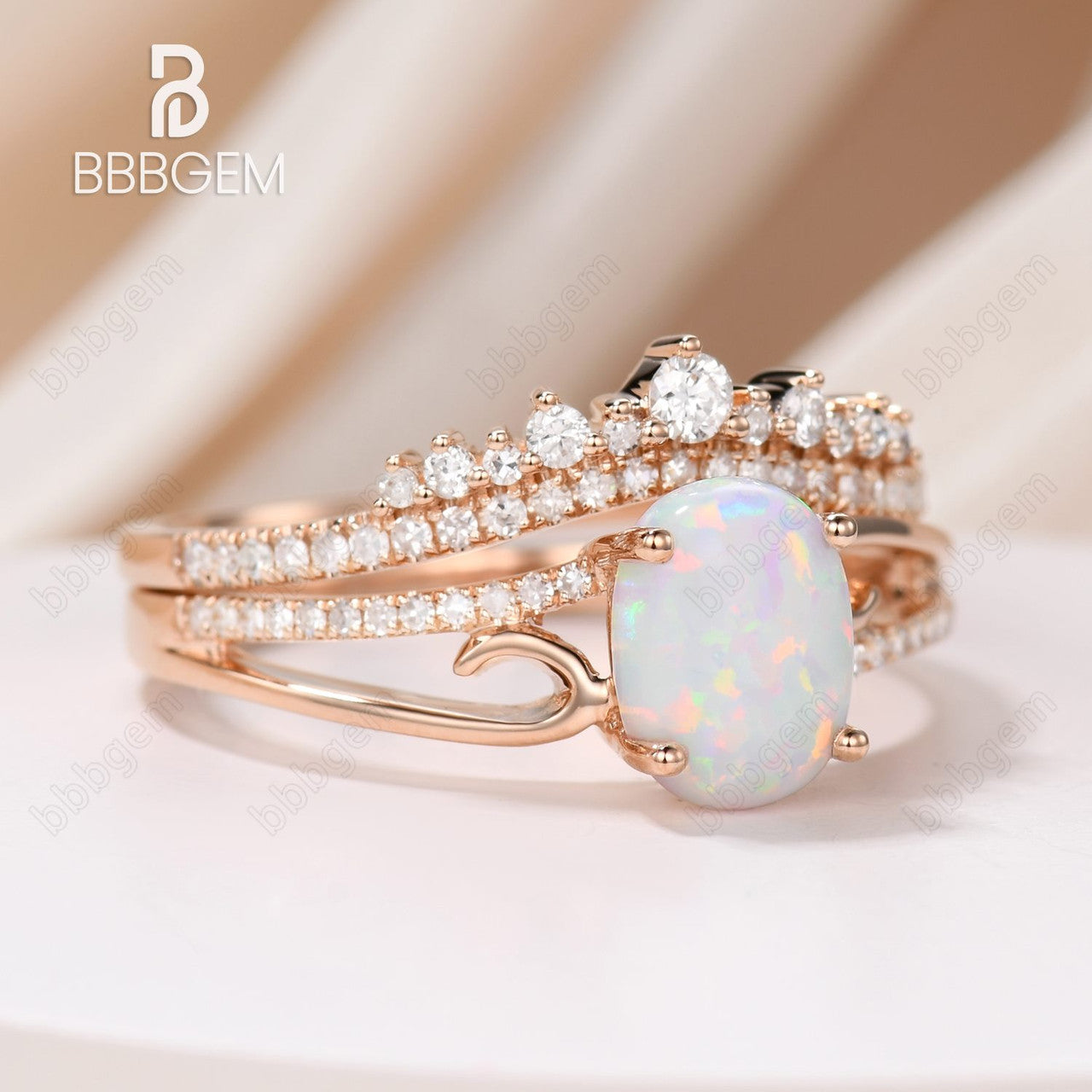 Antique Rose Gold Oval Opal Engagement Ring Set with Diamond Wedding Band - Vintage Curved Design for Unique Bridal Jewelry, Perfect for Proposals, Weddings & Anniversaries