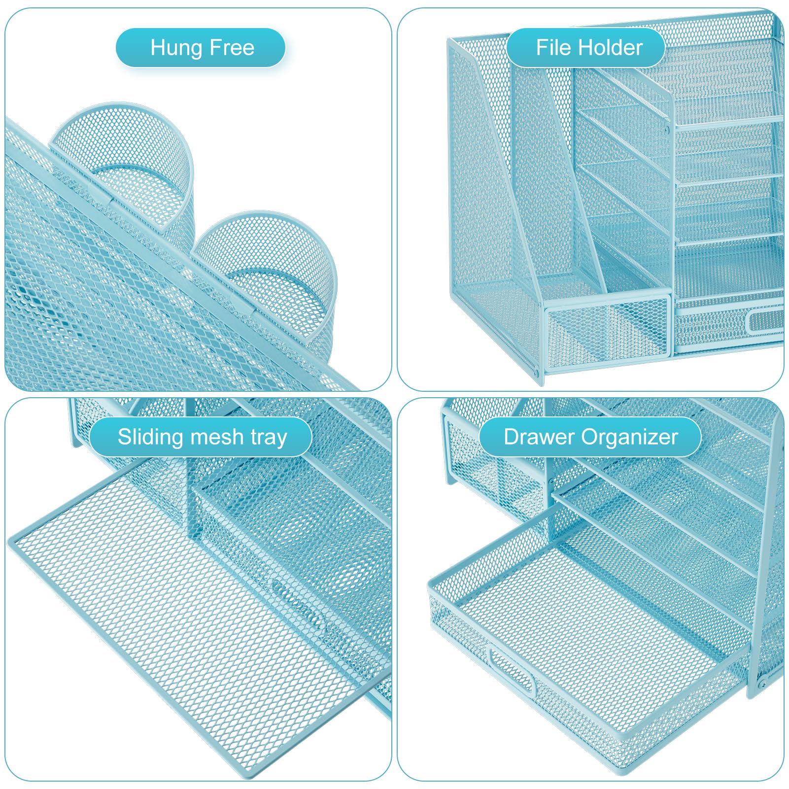 5-Tier Mesh Desk Organizer with File Holder, Drawer & Pen Holders - Office Paper Letter Tray, Magazine Storage for Supplies - Perfect for Home Office, School & Workspace Organization (Blue)