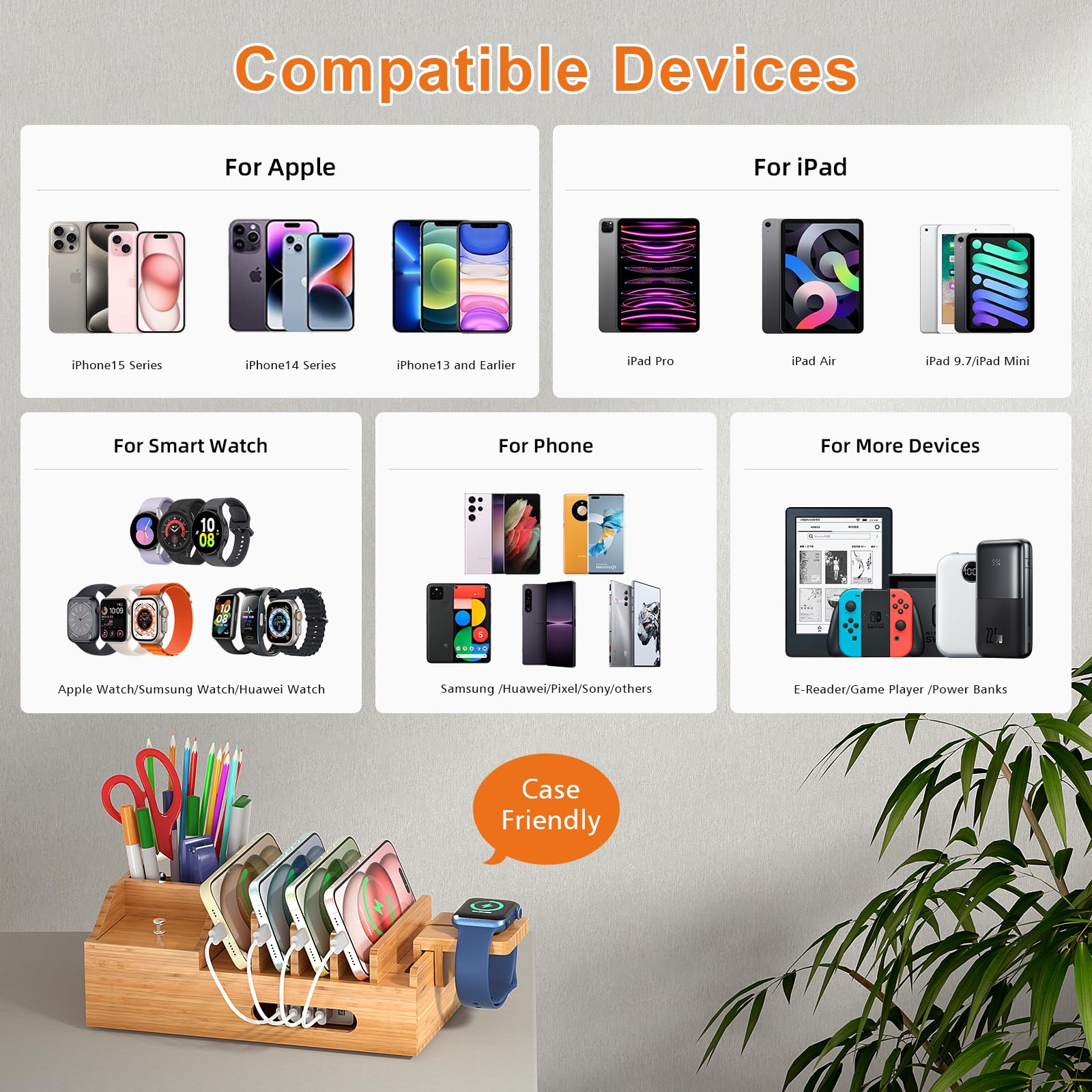 5-Port Bamboo Charging Station for Phones, Tablets & Watches - Office & Home Use