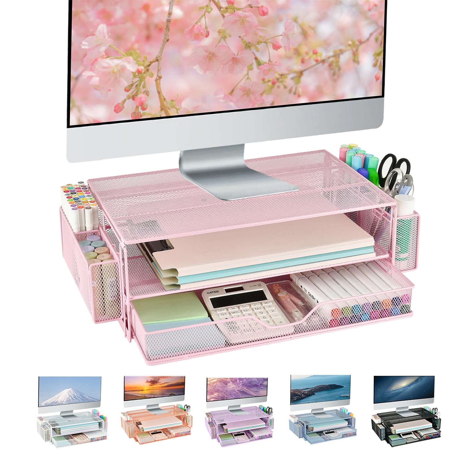AUPSEN Adjustable Monitor Stand with Storage Drawer & Pen Holders - Ergonomic Desk Organizer for Computer, Laptop, Printer - Office & Home Workspace Accessories (Pink) - Perfect for Small Spaces & Clutter-Free Desktops