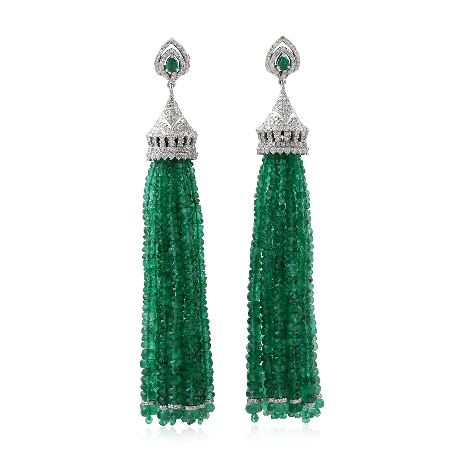 18K White Gold Emerald Beads Pave Diamond Tassel Earrings for Women - Elegant Dangle Drop Jewelry for Wedding, Party & Special Occasions