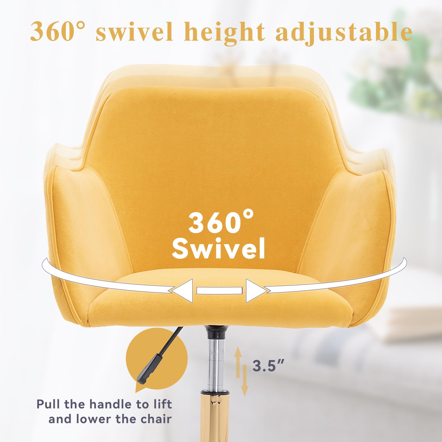 Luxury Velvet Home Office Chair - Adjustable Swivel Desk Chair with Wheels & Gold Base, Modern Rolling Vanity Chair for Home Office, Bedroom, Dressing Room - Perfect for Working, Studying & Makeup