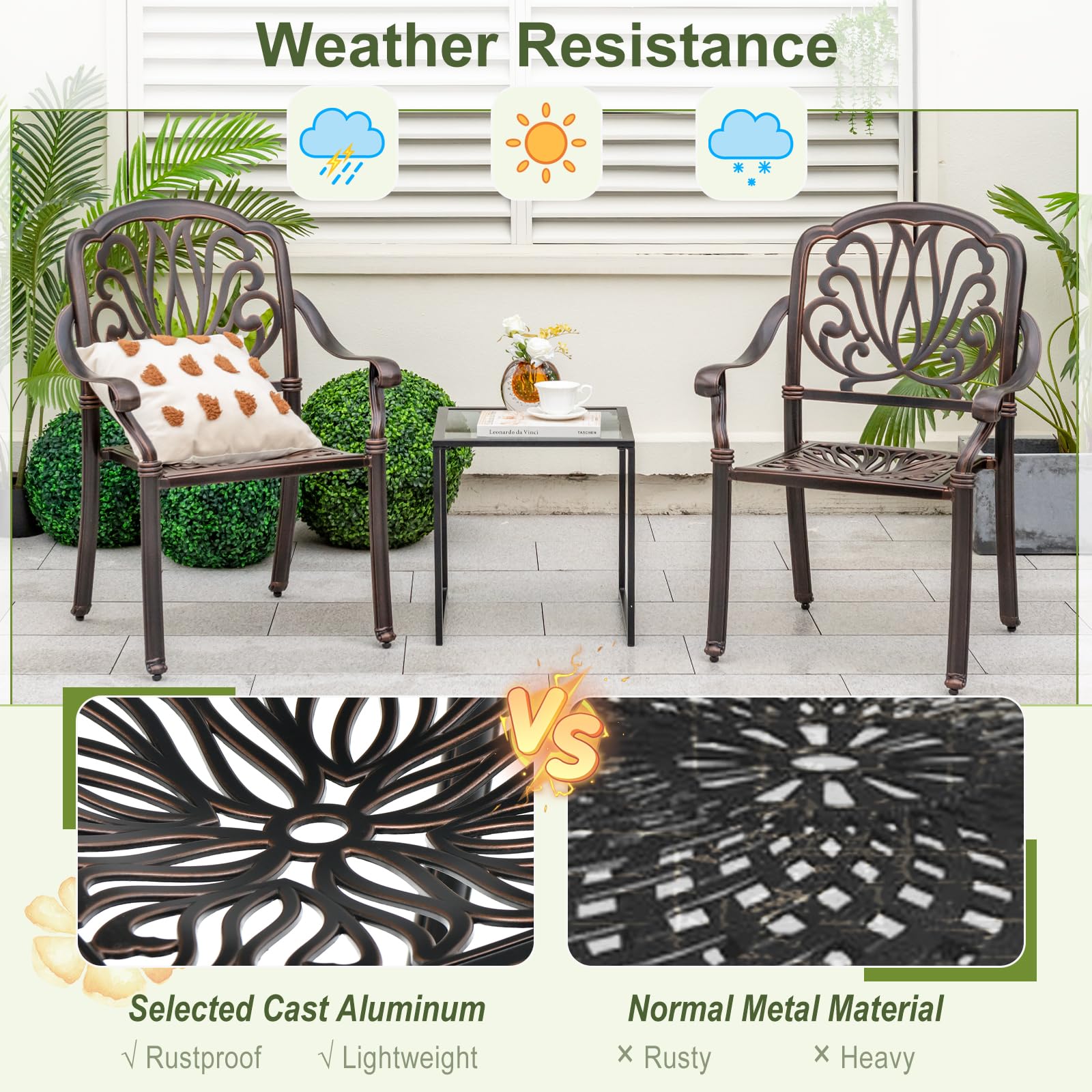 Tangkula Set of 2 Stackable Cast Aluminum Patio Dining Chairs with Armrests - Bronze Outdoor Bistro Chairs for Balcony, Backyard, Garden - Perfect for Outdoor Dining, Lounging & Entertaining