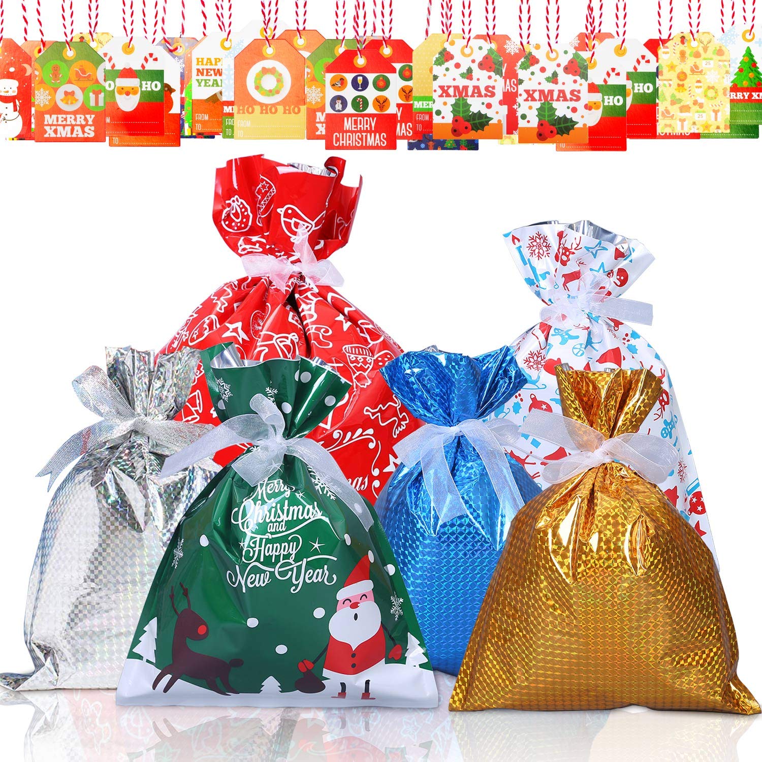 30pcs Christmas Wrapping Bags with Ribbon - Xmas Gift Bags for Holiday Parties