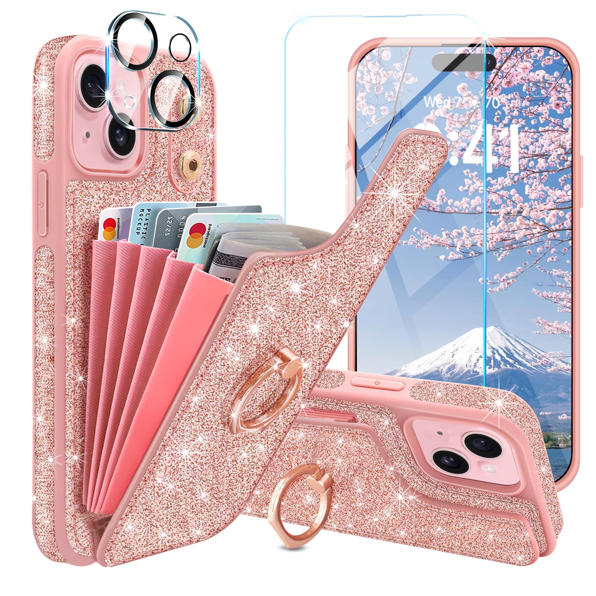 Shockproof Glitter Cute iPhone 15 Plus Wallet Case (6.7 Inch) with Screen Protector, Camera Lens Protector & 360° Ring Stand - Rose Gold | Perfect for Everyday Use, Travel, and Hands-Free Viewing