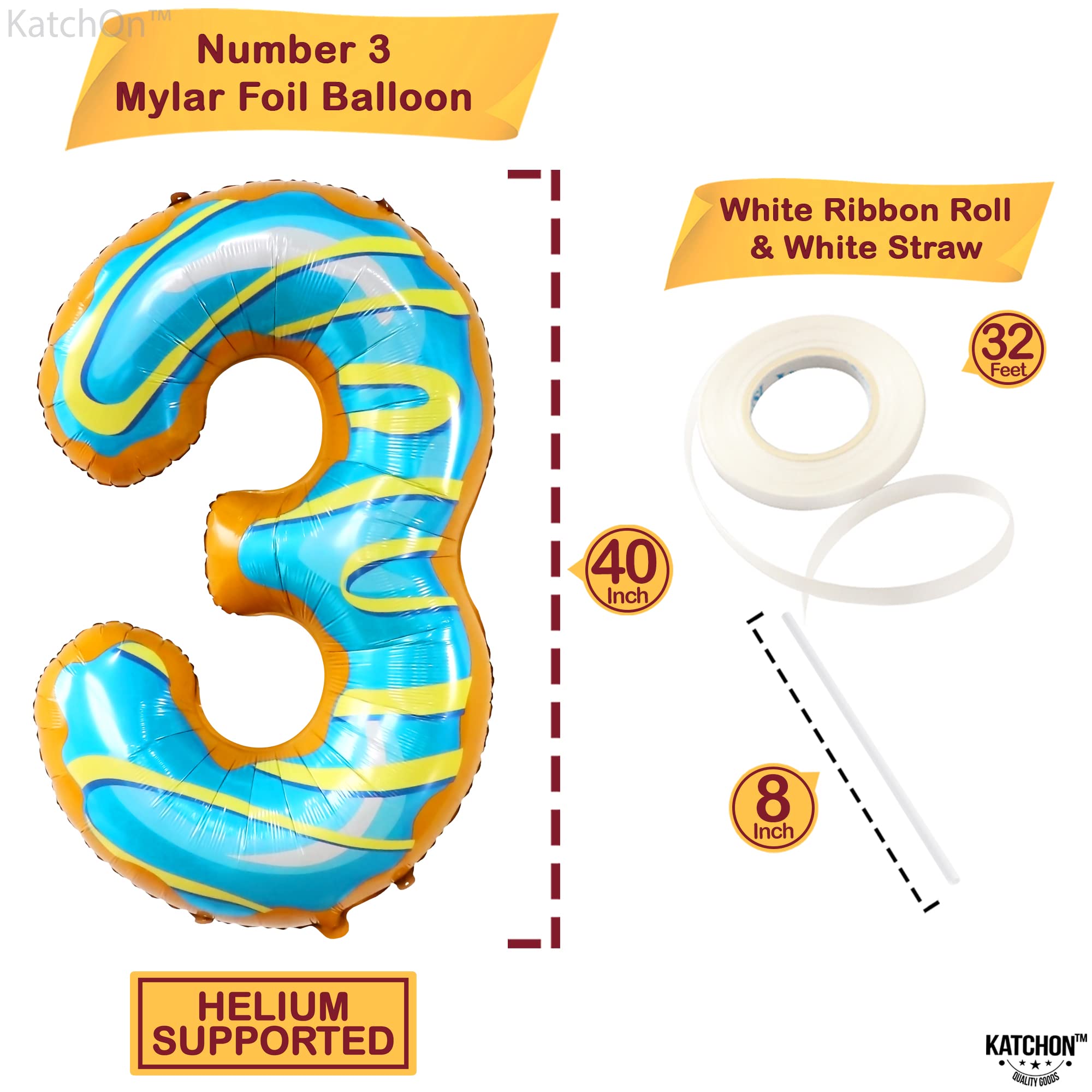 KatchOn Giant 40-Inch Number 3 Donut Balloon - Large Birthday Party Decorations for Kids, Baby Showers & Anniversary Celebrations | Perfect for Photo Backdrops, Cake Smash Sessions & Milestone Events