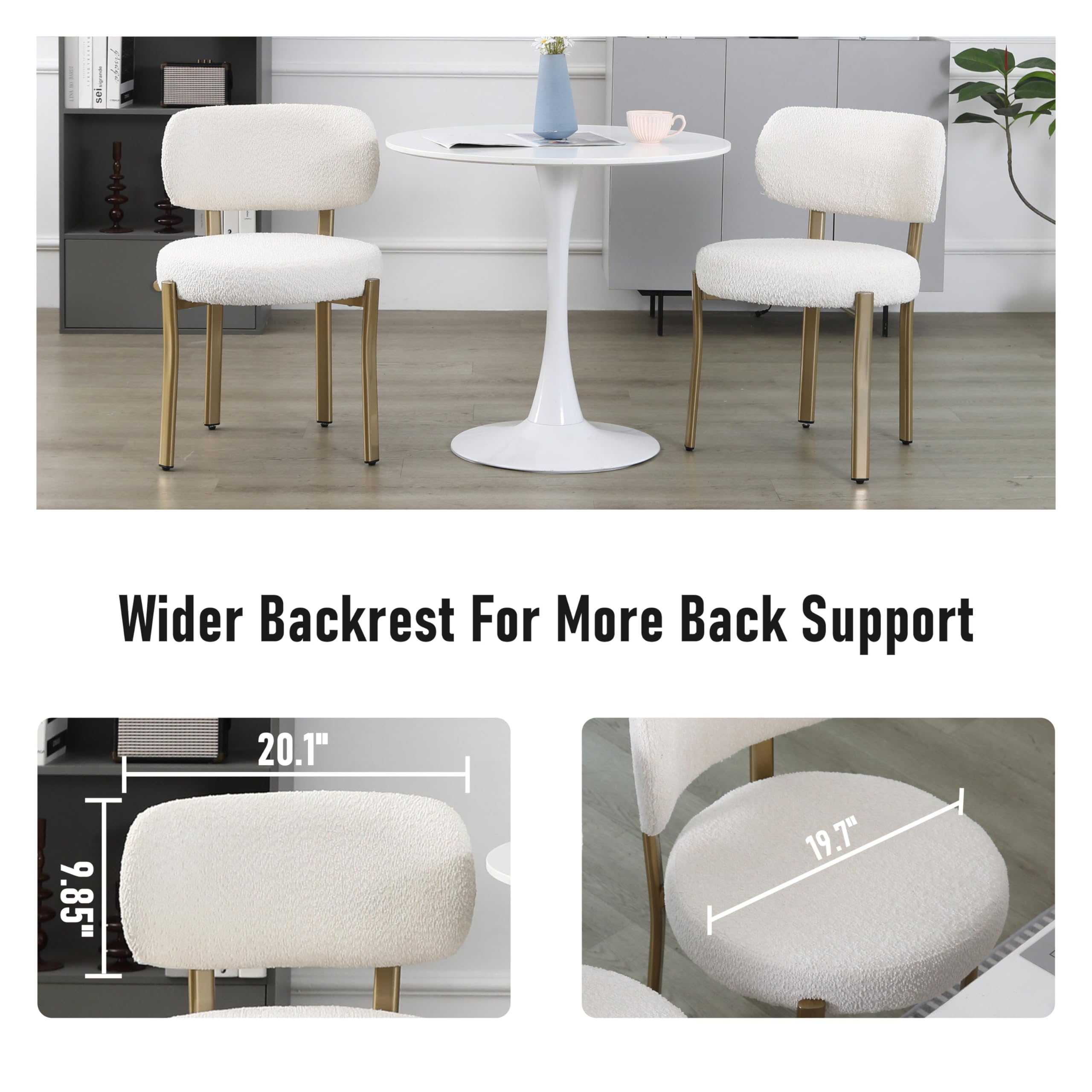 DYHOME Set of 2 White Upholstered Boucle Sherpa Dining Chairs - Mid Century Modern Kitchen Chairs with Gold Metal Legs for Dining Room, Breakfast Nook & Small Space Decor