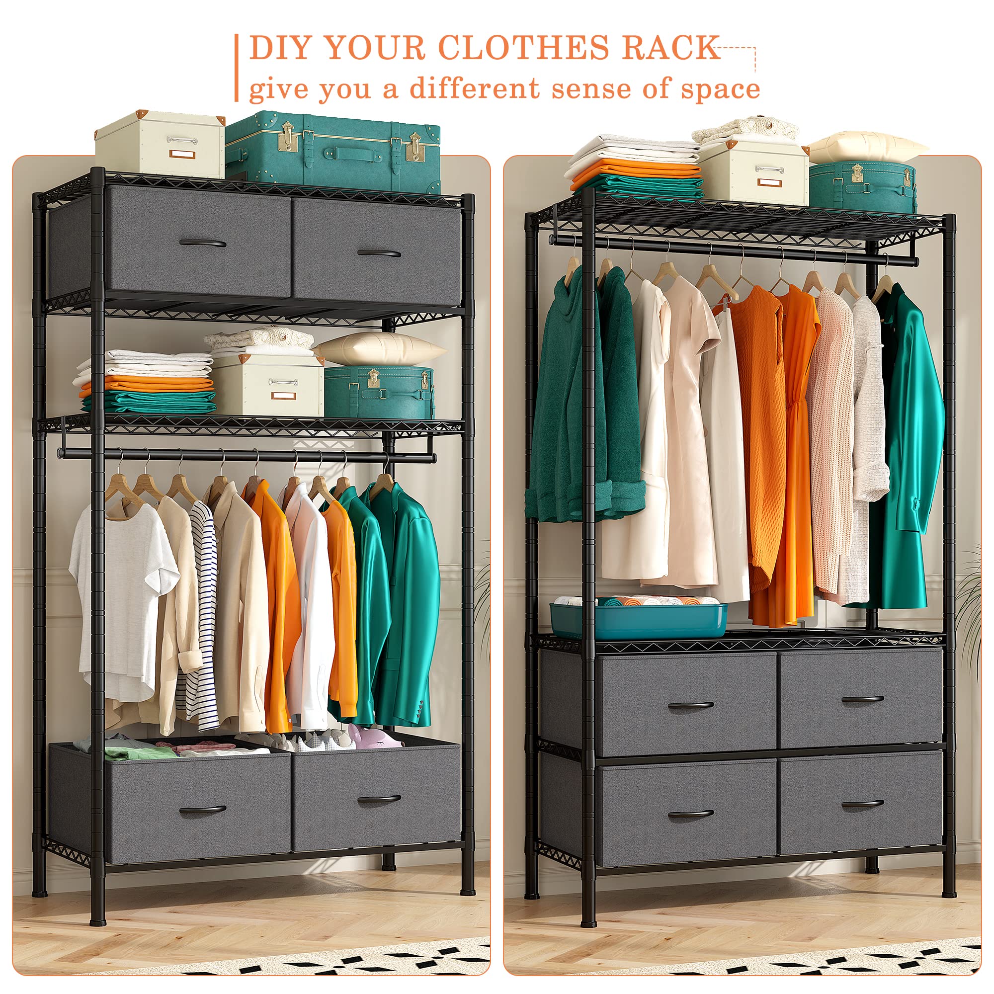 Raybee Heavy Duty Clothes Rack with 4 Drawers & Shelves - Sturdy Portable Closet Organizer for Hanging Clothes - Durable Black Garment Rack for Bedroom, Closet, Laundry Room or Dorm Organization