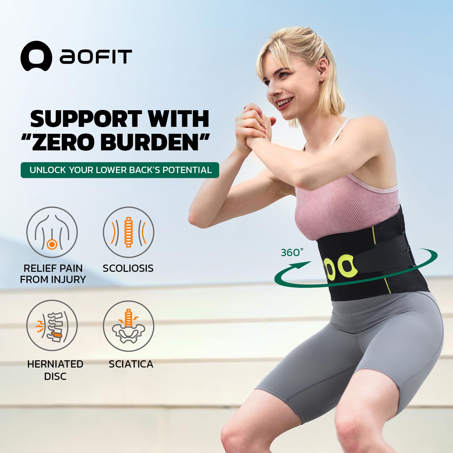 360° Support Back Brace for Lower Back Pain Relief - Adjustable Lumbar Support Belt for Men & Women, Breathable Comfort for Herniated Disc & Sciatica - Perfect for Office Work, Driving & Post-Surgery Recovery