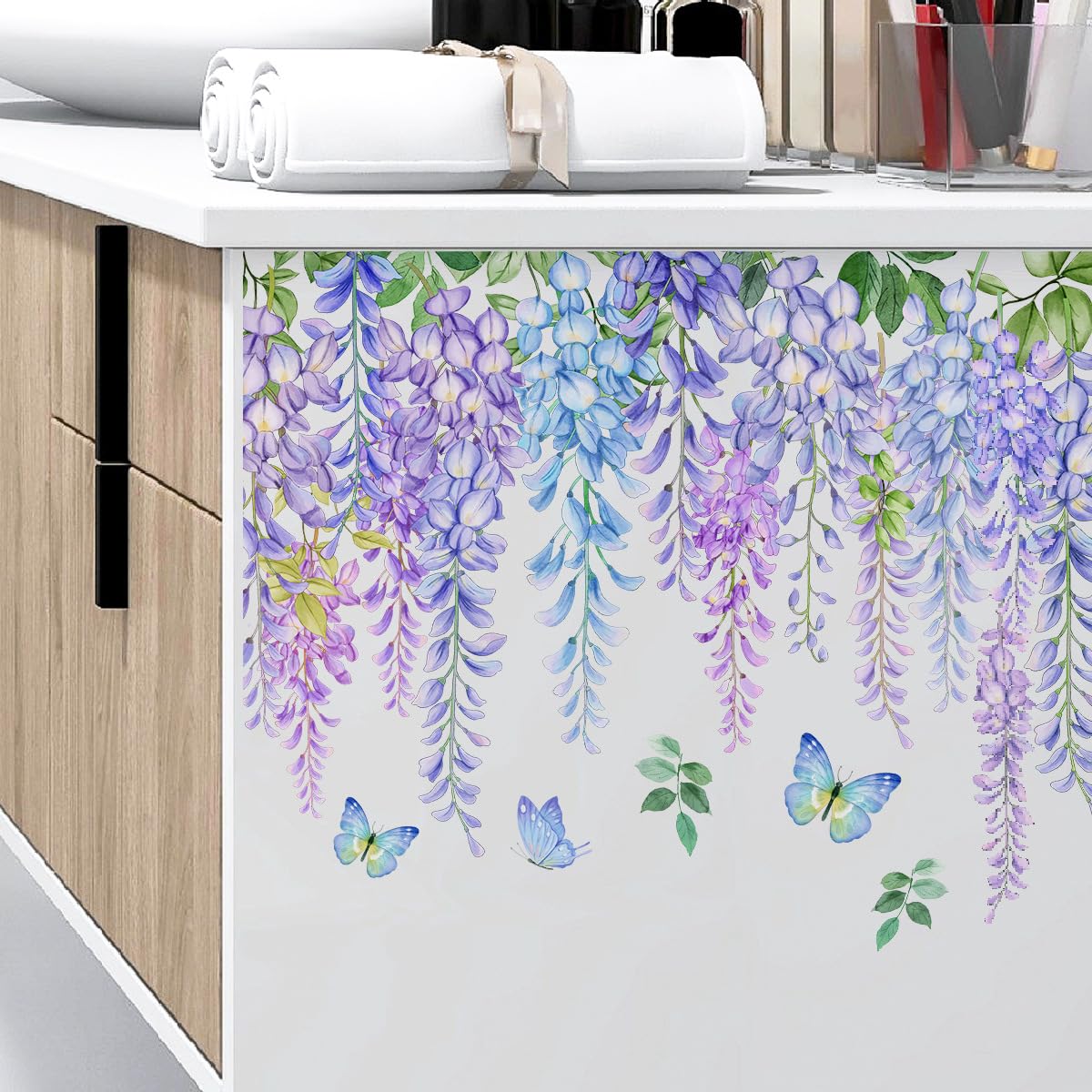 Butterfly Purple Flowers Toilet Cover Sticker Decals - Waterproof Self-Adhesive Bathroom Decor for Toilet Lid, Tank & Wall - Floral Butterfly Rose Leaf Design - Perfect for Home, Apartment & RV Bathroom Makeover