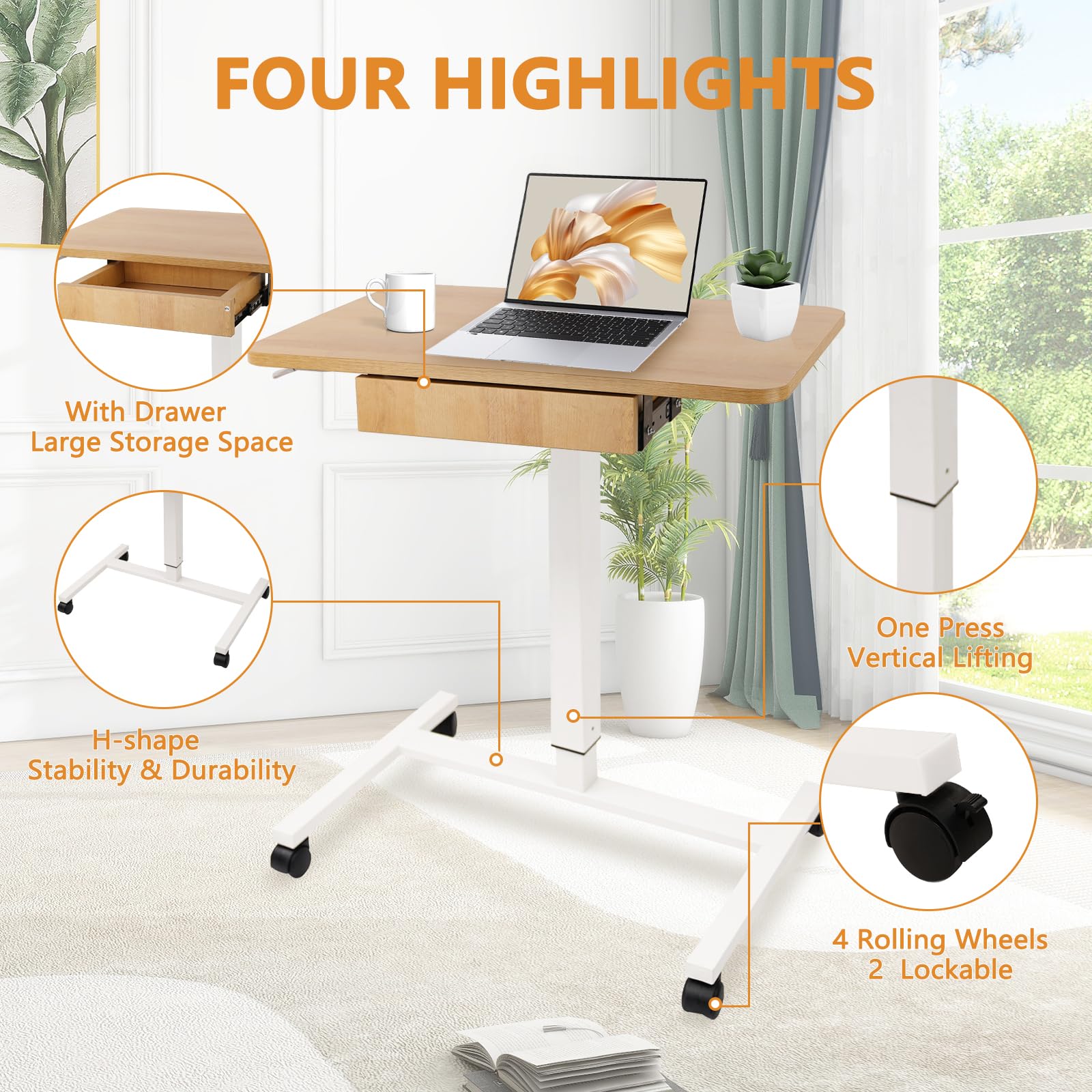 CLATINA Adjustable Mobile Laptop Standing Desk with Lockable Wheels & Drawer - Height Adjustable Teacher Podium & Overbed Computer Cart for Home Office, Classroom, and Dorm Room - Beige Workstation for Remote Work, Online Teaching, and Study