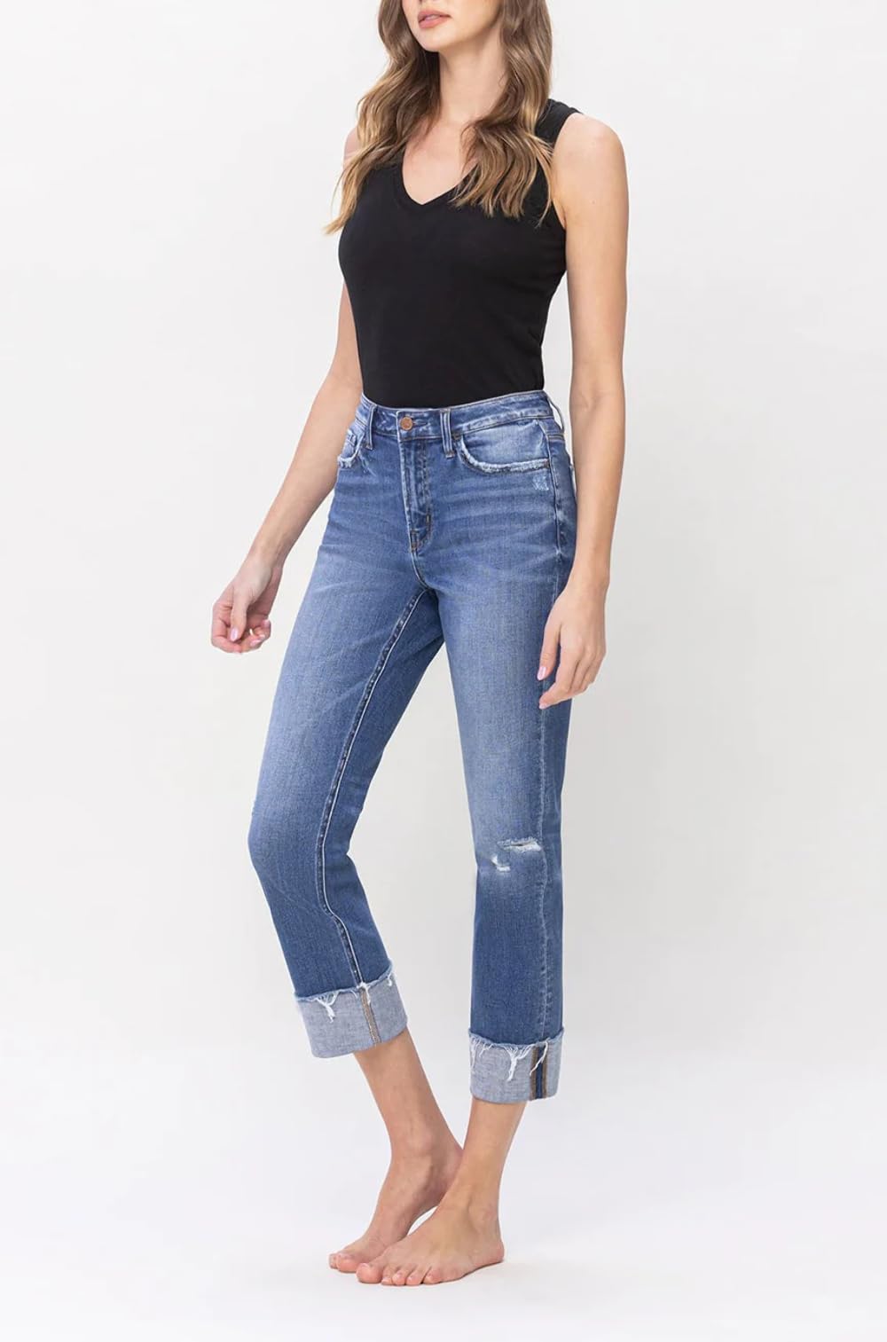 Flying Monkey F5145 High Rise Regular Straight Jeans with Cuffs - Women's Stretch Denim Pants for Casual Wear & Everyday Outfits