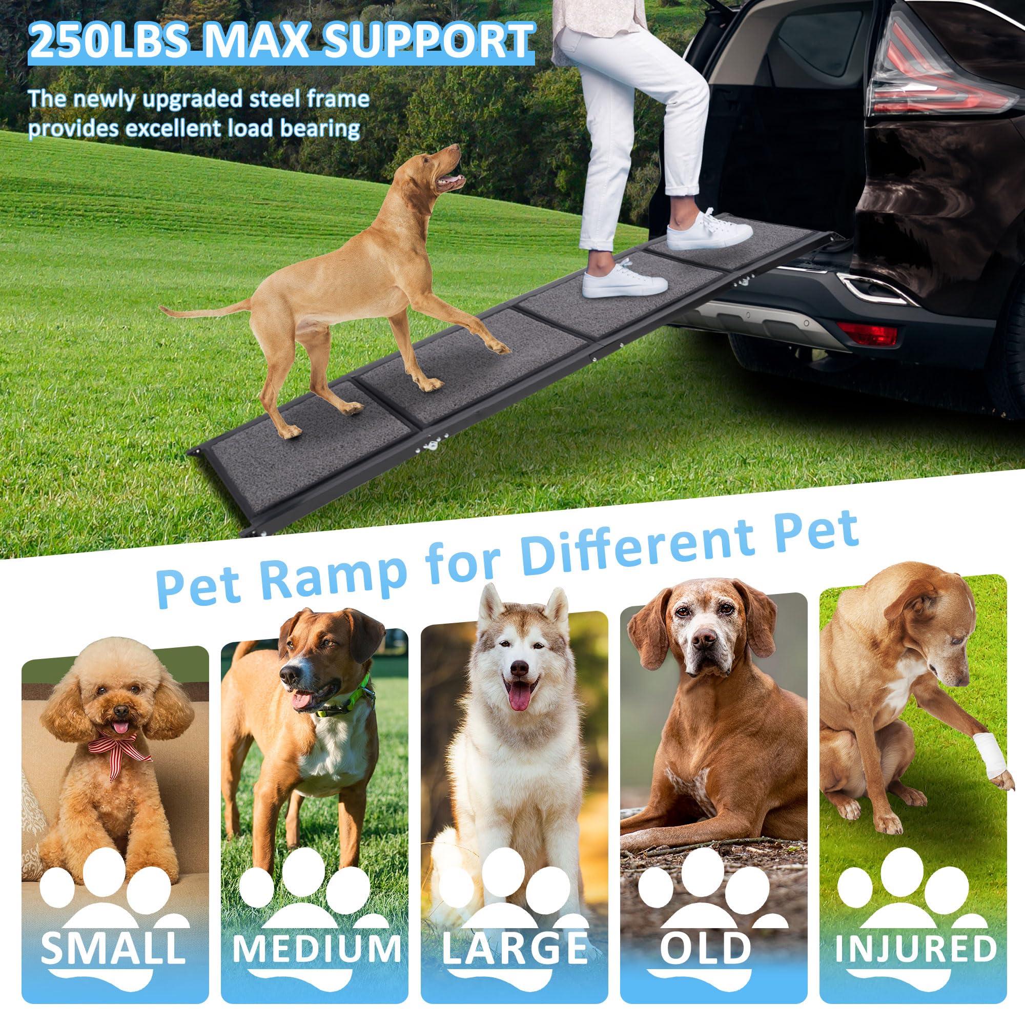 HABUTWAY Extra Wide Dog Ramp for Cars - 250LBS Capacity, 71''L x 20''W Portable Folding Pet Ramp for Large Dogs, Non-Slip SUV & Truck Dog Steps for Medium to Large Breeds | Perfect for Travel, Vet Visits & Home Use