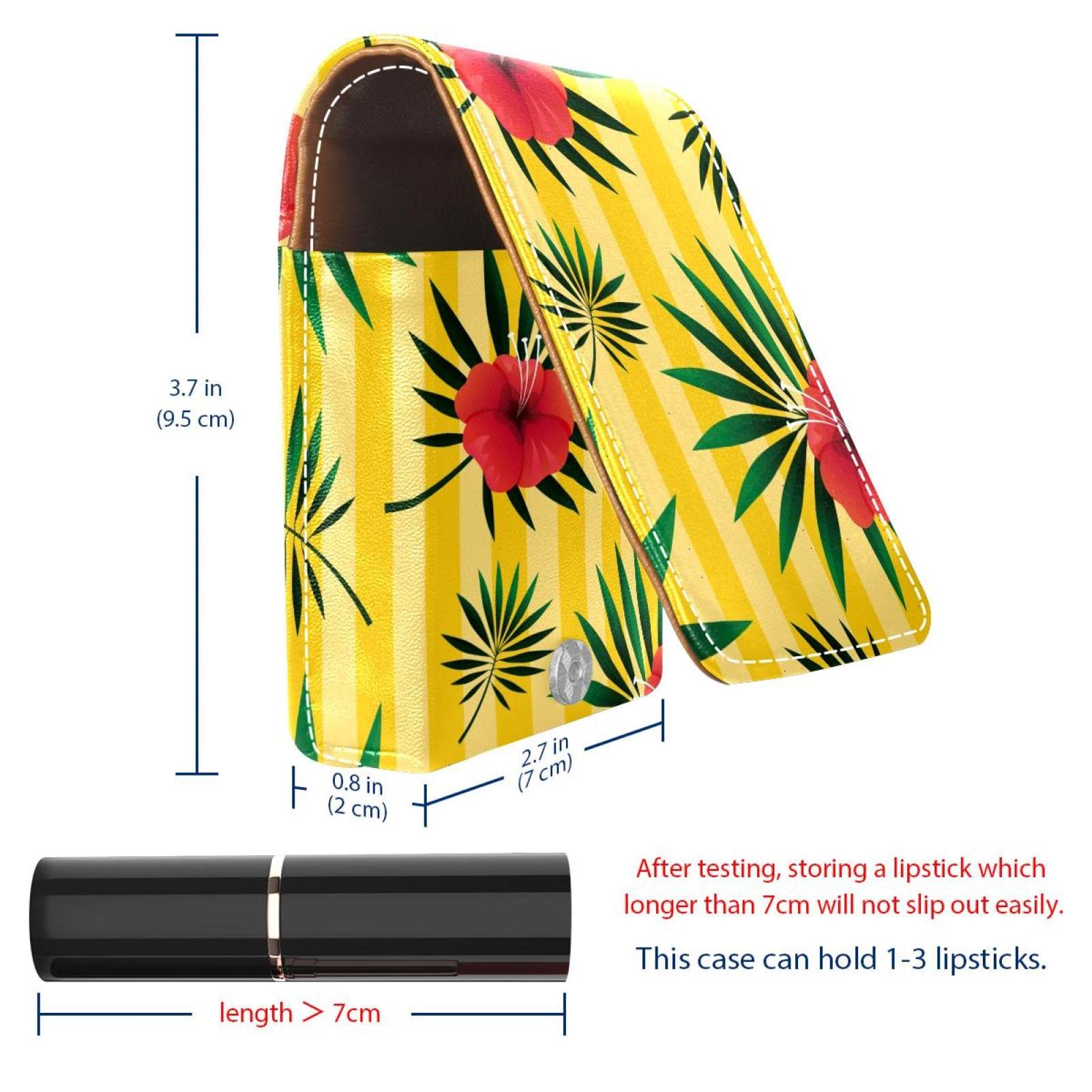 Personalized Lipstick Case - Portable Makeup Bag & Cosmetic Pouch Organizer - Tropical Leaf Floral Yellow Striped Design - Perfect for Travel, Gift & Daily Makeup Storage
