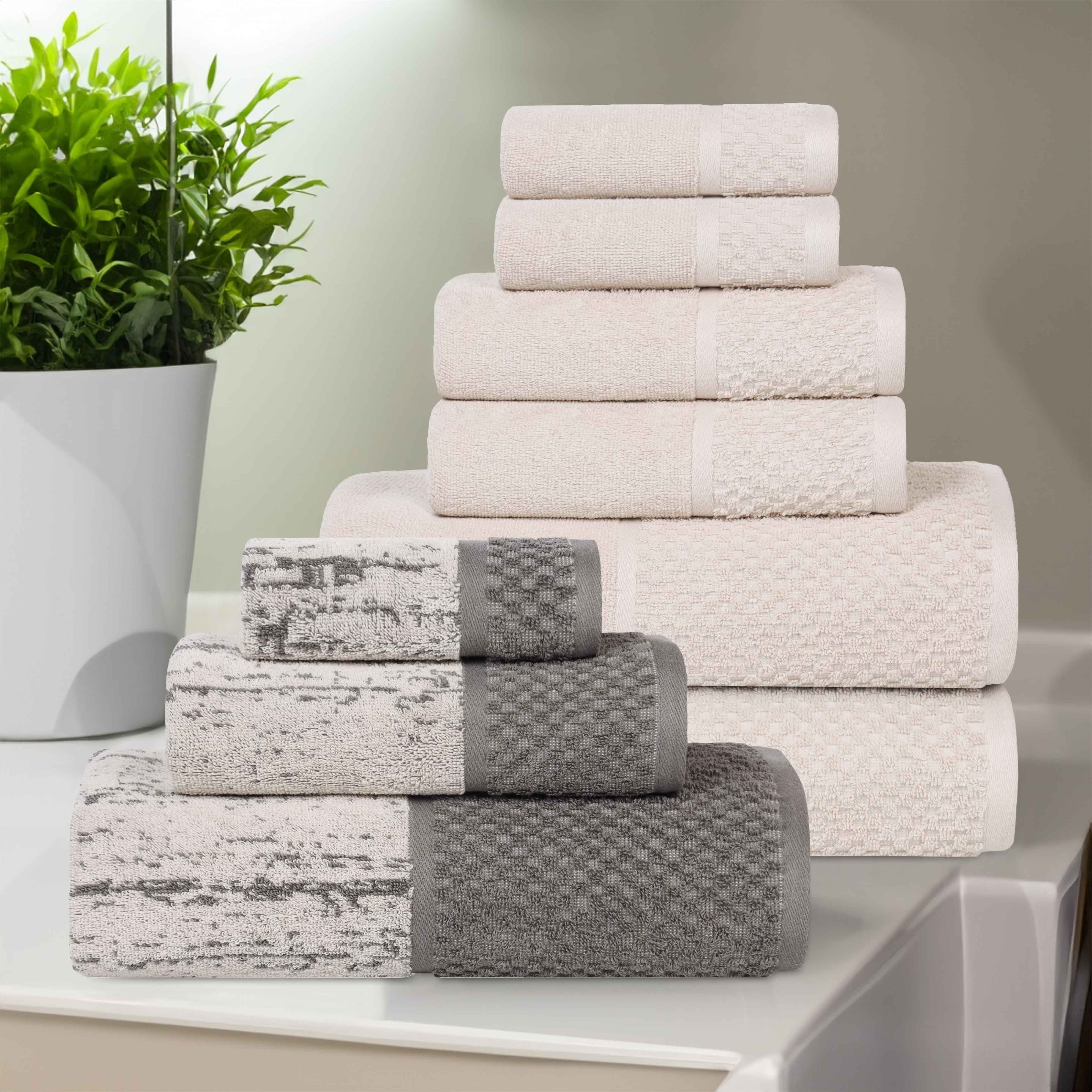 Premium 9-Piece Cotton Plush Jacquard Towel Set - Soft & Absorbent Solid & Two-Toned Bath Towels for Luxury Bathroom & Spa Experience