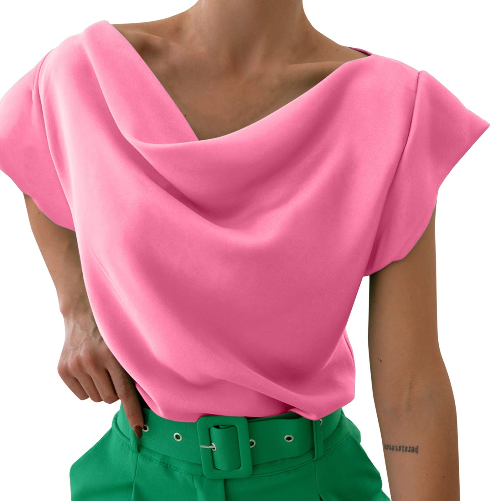 YOYORI Women's Slim Fit V-Neck Short Sleeve Chiffon Blouse with Pockets - Casual & Office Business Tops for Women (Pink, Small) | Perfect for Work, Meetings, and Everyday Wear