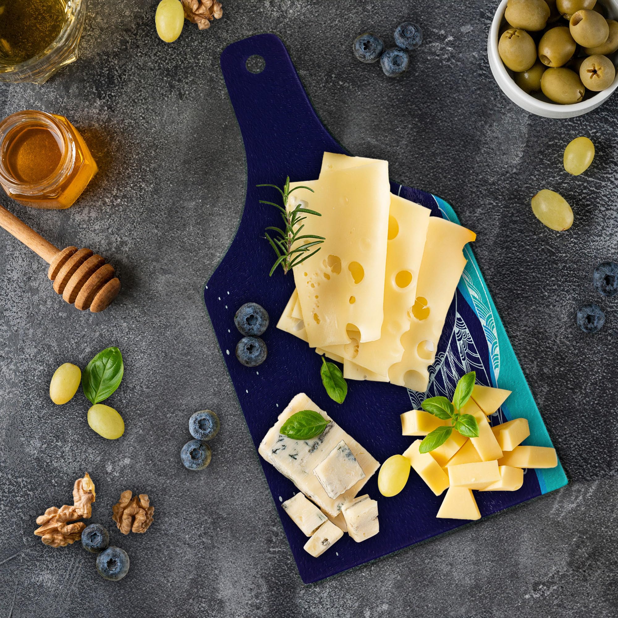 Ambesonne Swan Tempered Glass Cutting Board - Elegant Big Winged Swan Silhouette on Dark Starry Night Lake Design - Decorative Serving Board with Wine Bottle Shape in White & Blue - Perfect for Cheese Platters, Charcuterie, and Wine Pairing Parties