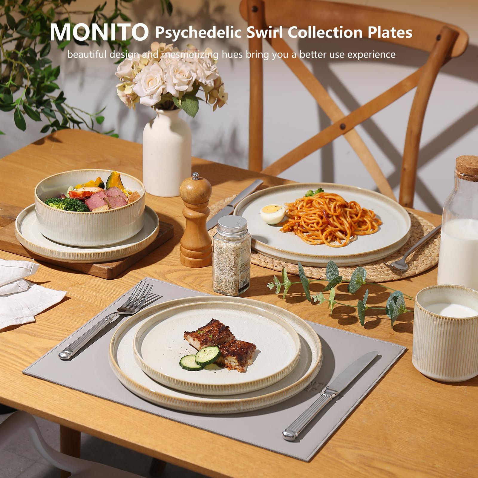 Premium 16-Piece MONITO Ceramic Dinnerware Set - Stoneware Plates & Bowls, Chip & Crack Resistant | Microwave & Dishwasher Safe | Elegant Bonbon Beige Color | Perfect for Family Dinners, Dinner Parties & Housewarming Gifts